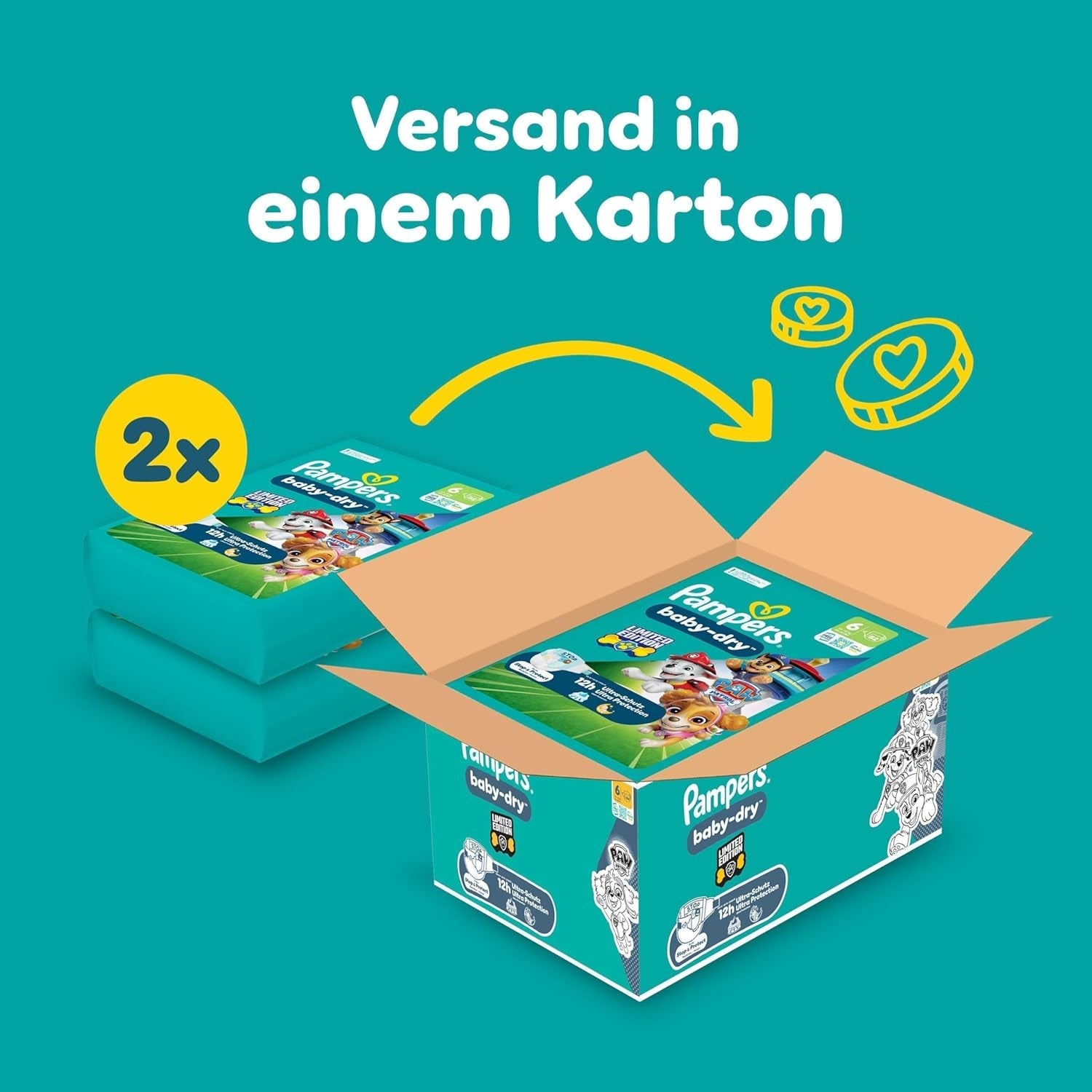 Pampers Baby-Dry Puppy Patrol Edition Windeln, Größe 6, 164 Windeln, 13 kg – 18 kg, bis zu 100 % Auslaufschutz und Komfort die ganze Nacht