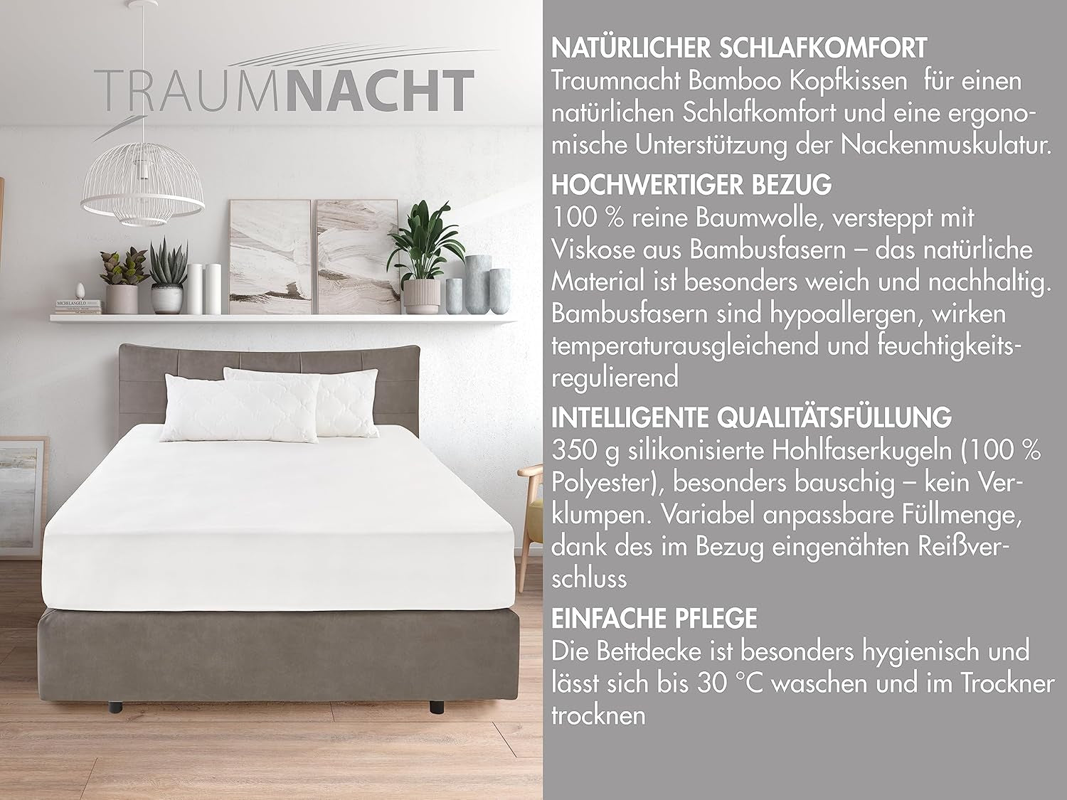 Traumnacht Bambuskissen mit Bambusfasern, hypoallergen, antibakteriell Kissenset mit Reißverschluss, bestehend aus 2 Kissen 40X80Cm, Öko-Tex zertifiziert, in Deutschland entwickelt Naty Shop Standardkissen