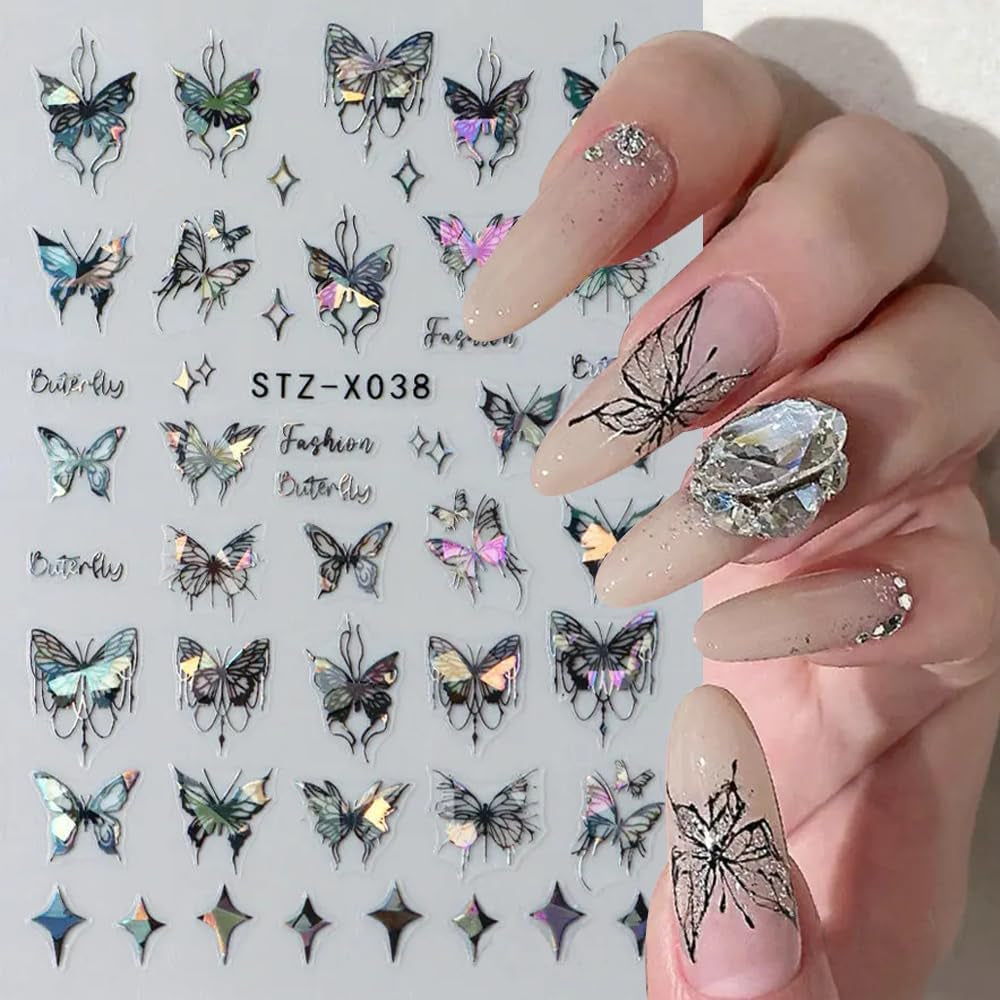 3D Metallic Schwarz Schmetterling Nagelaufkleber – Laser Pink Aurora Nagelaufkleber – Punk Butterfly Nail Art Aufkleber – Silber Nagelaufkleber – Nageldesign Zubehör