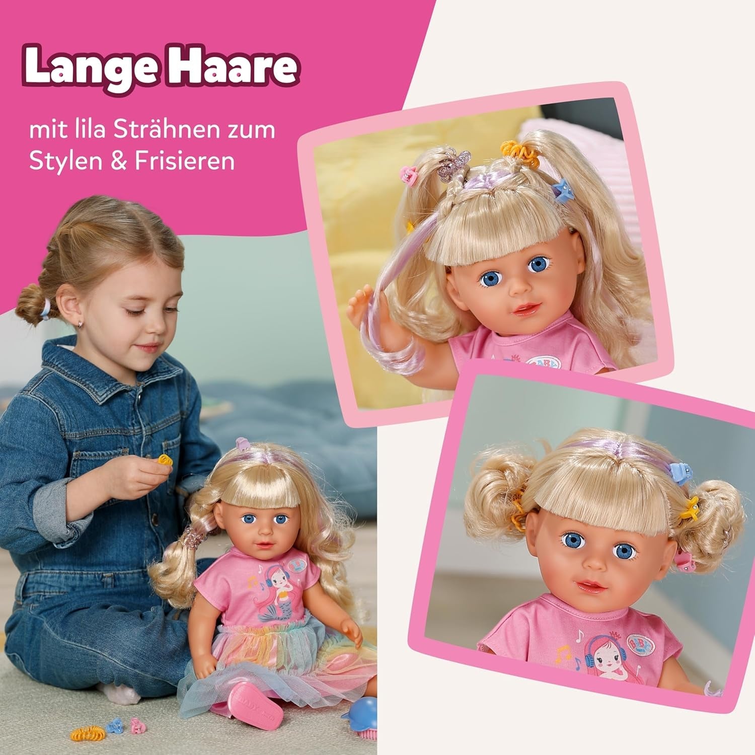 BABY born Carla – 43 cm große Puppe – hochwertiges blondes Haar mit Strähnen – keine Batterien erforderlich – geeignet für Kinder ab 4 Jahren – inklusive 7 Zubehörteilen, rosa