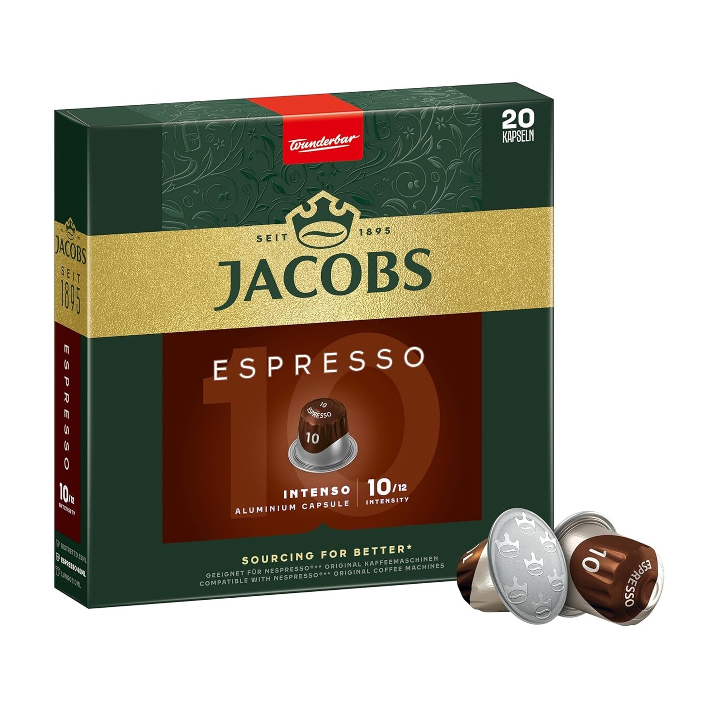 Jacobs Kaffeekapseln Espresso Intenso, Intensität 10/12, 10 x 20 Getränke, Nespresso* kompatible Kaffeekapseln, 200 Kapseln