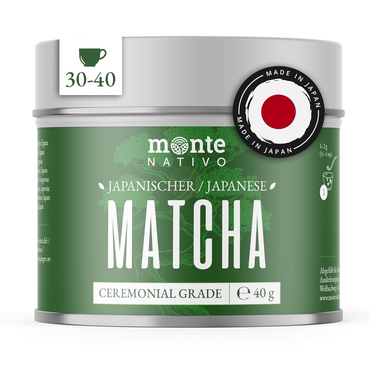 Monte Nativo Zeremonielles Matcha-Pulver (40 g) – perfekt für Matcha-Tee, Lattes und Smoothies – grüner Tee aus Japan – Zeremonienqualität, in Metallbox – 100 % rein, glutenfrei, fein gemahlen
