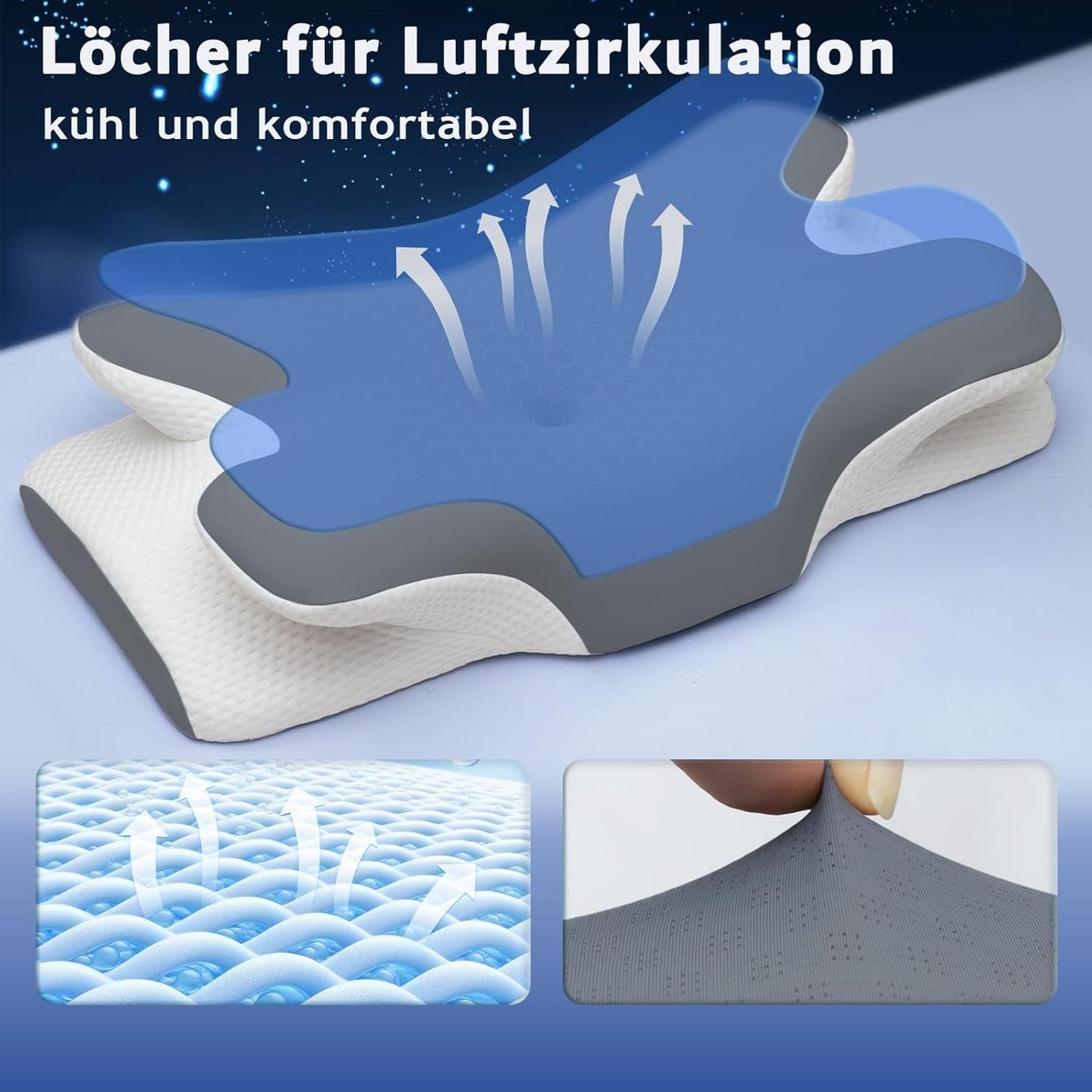 Memory-Schaum-Kissen, Nackenkissen, orthopädisches Kissen – ergonomisches Design, hohle Form für Seiten-, Rücken- und Bauchschläfer. Graue orthopädische Nackenkissen von Naty Shop