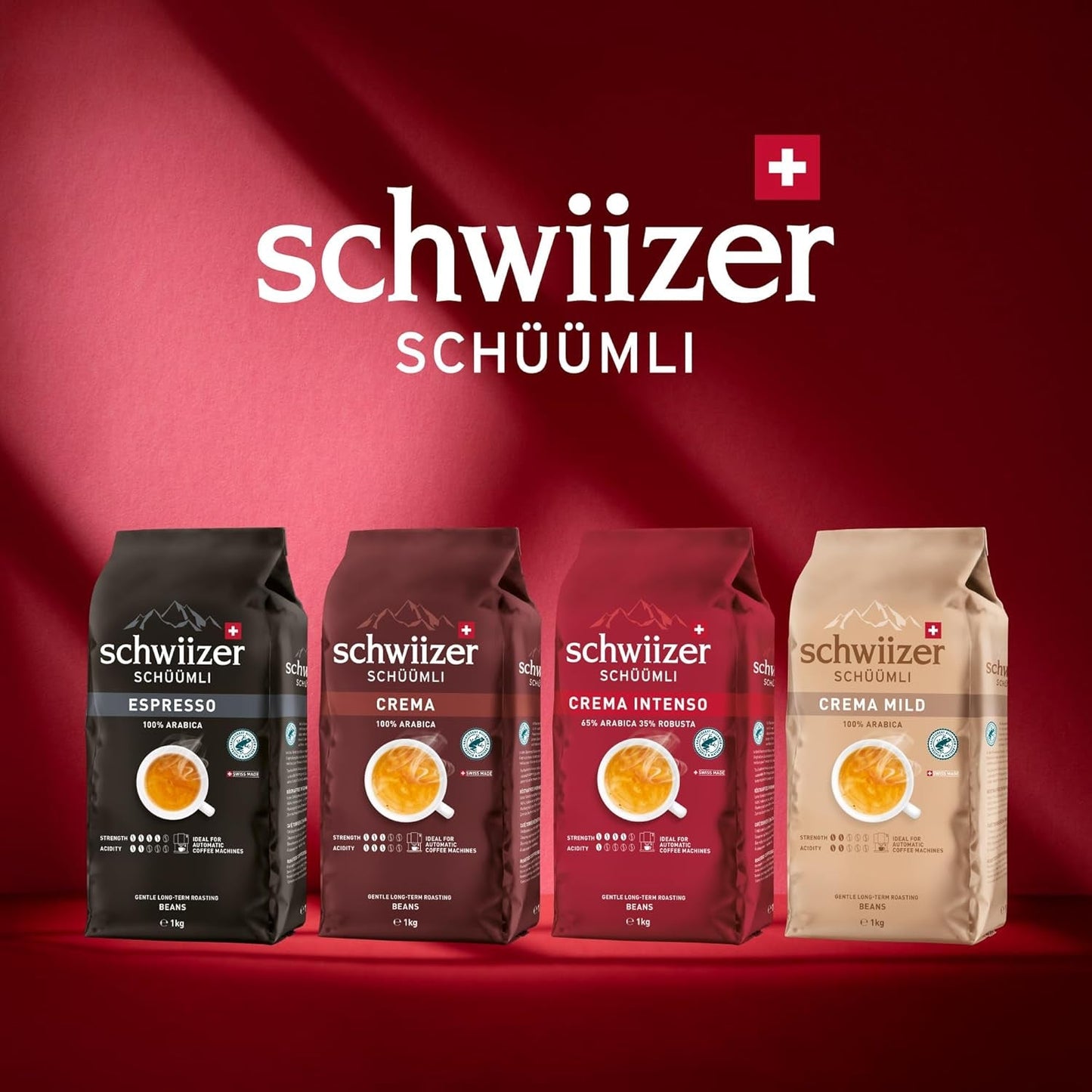 Schwiizer Schüümli Intenso, Arabica/Robusta-Kaffeebohnen, vollmundig und intensiv, ideal für automatische Espressomaschinen, Stärke 4/5, mittlere Röstung, Rainforest Alliance, 1kg