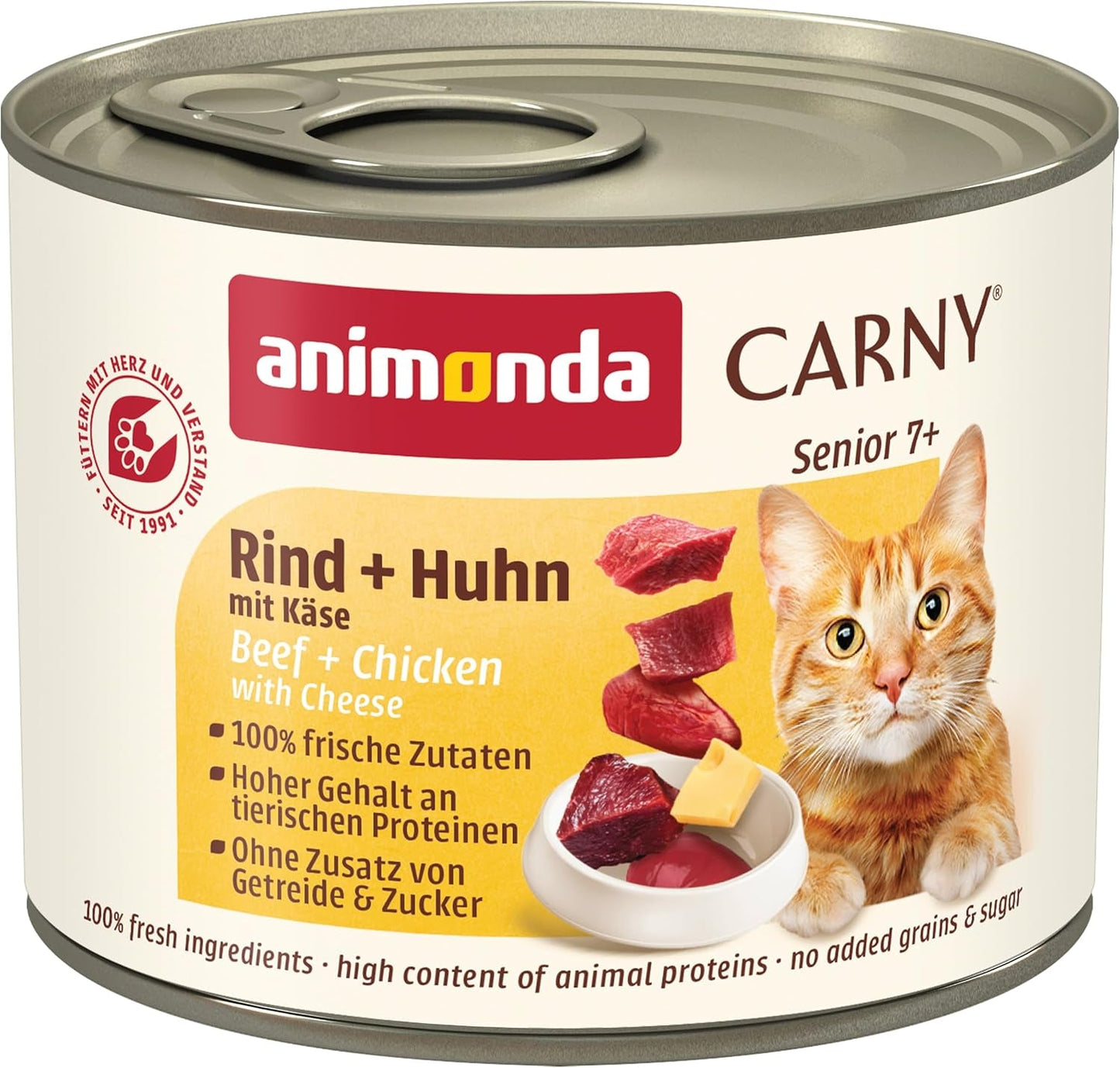 Animonda Carny Senior Nassfutter für Katzen mit Rind + Huhn + Käse (6 x 200 g), getreide- und zuckerfreies Nassfutter für Katzen ab 7 Jahren, mit frischen und fleischigen Zutaten