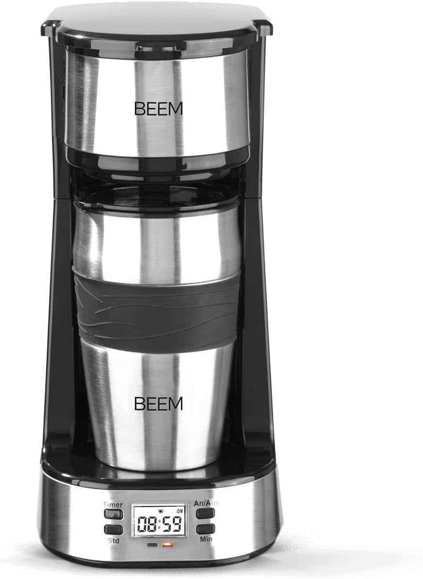 BEEM THERMO 2 GO Einzelfilter-Espressomaschine mit 0,4 l Thermobecher | Permanentfilter | Mit 24-Stunden-Timer für eine heiße Tasse Kaffee am Morgen, kein Warten | 750 W