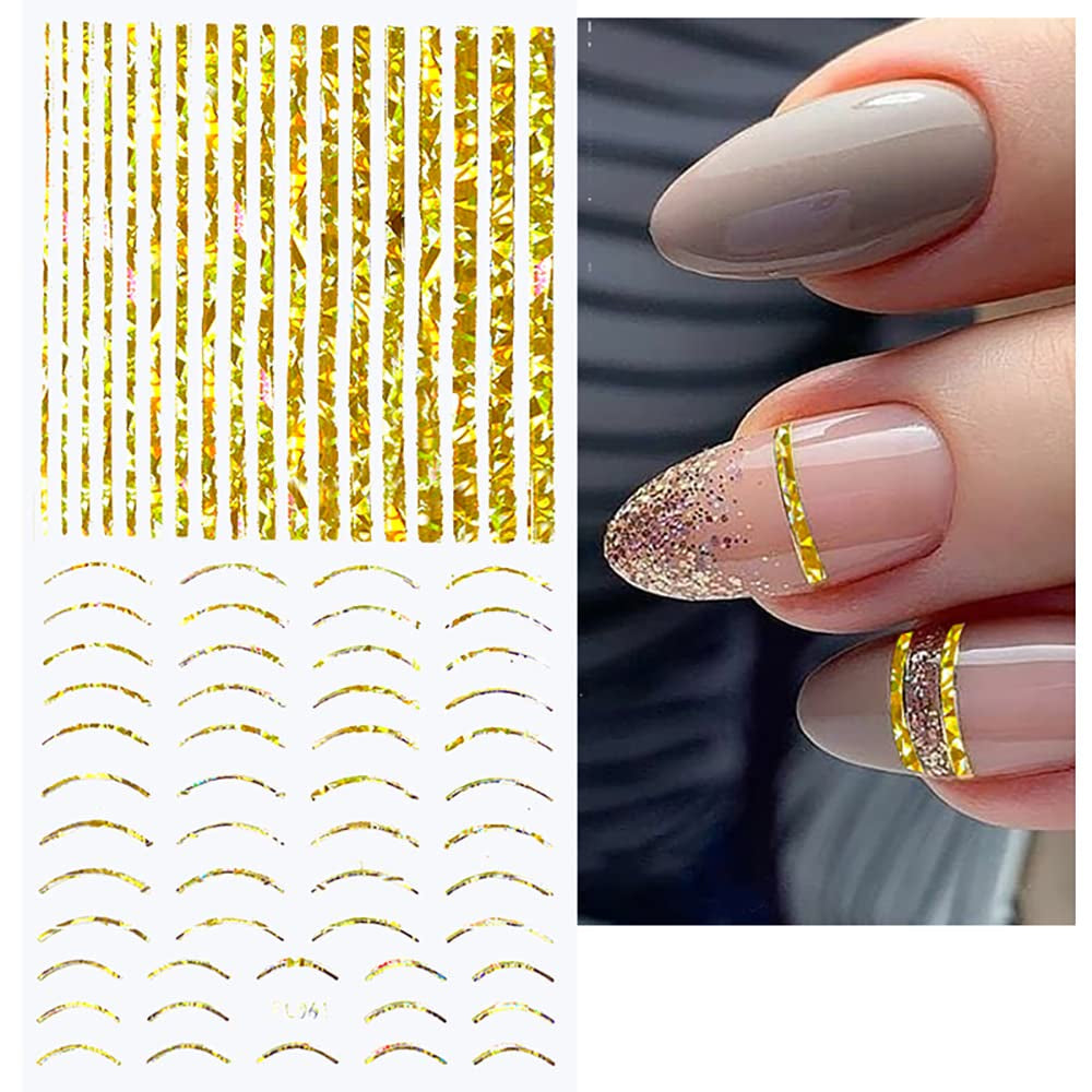 12 Blatt Laser-Glitzerlinien, selbstklebende Nagelaufkleber, holografische Aufkleber, bronzefarbene Streifen, Nagelaufkleber, französische Linie, gebogene Bögen, Wellenlinien, Nagelaufkleber, Nagelkunst-Zubehör