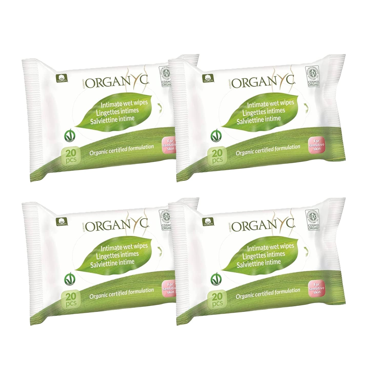 Organyc Feuchte Intimtücher, hergestellt aus 100 % zertifizierter Bio-Baumwolle – 4 Packungen mit 20 Tüchern (insgesamt 80 Tücher)