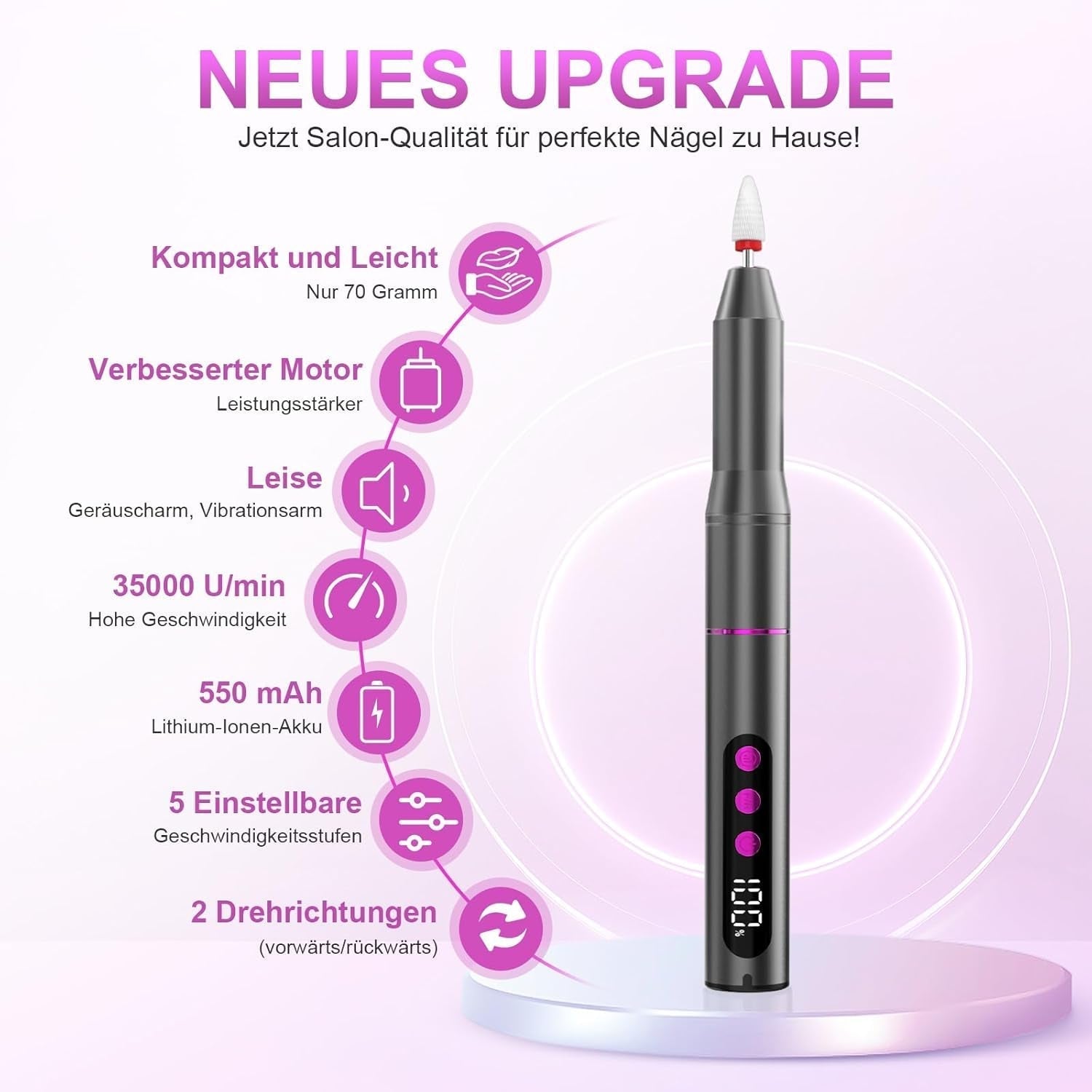 Kabellose elektrische Nagelfeile – 35.000 U/min für Gelnägel, 12-in-1 professionelle Nagel- und Acryl-Nagelfeile, 5-Gang-Maniküre- und Pediküre-Set