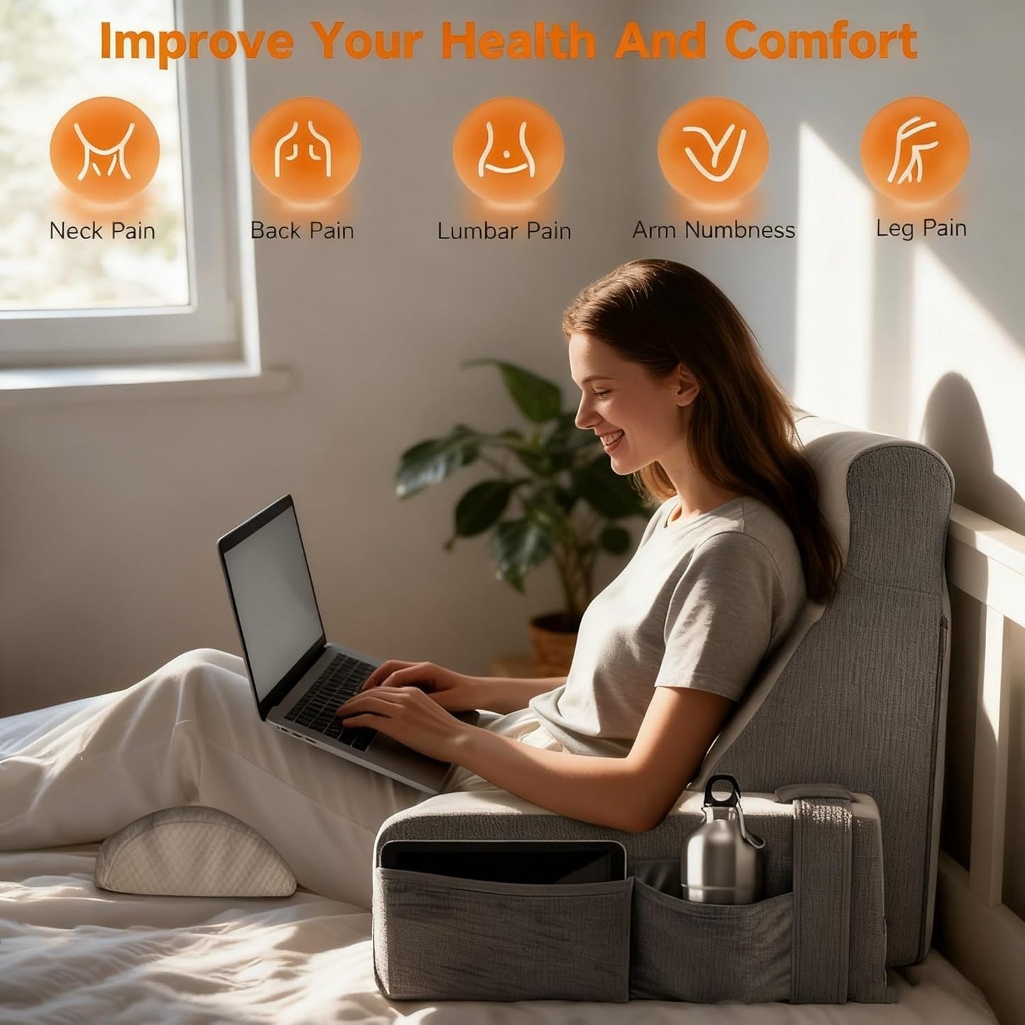 Großes Lesekissen mit abnehmbarer Nackenstütze und Armlehnen, Rückenkissen fürs Bett, ergonomisches Rückenkissen mit Armlehne, Tasche und waschbarem Bezug zum Lesen und Fernsehen.