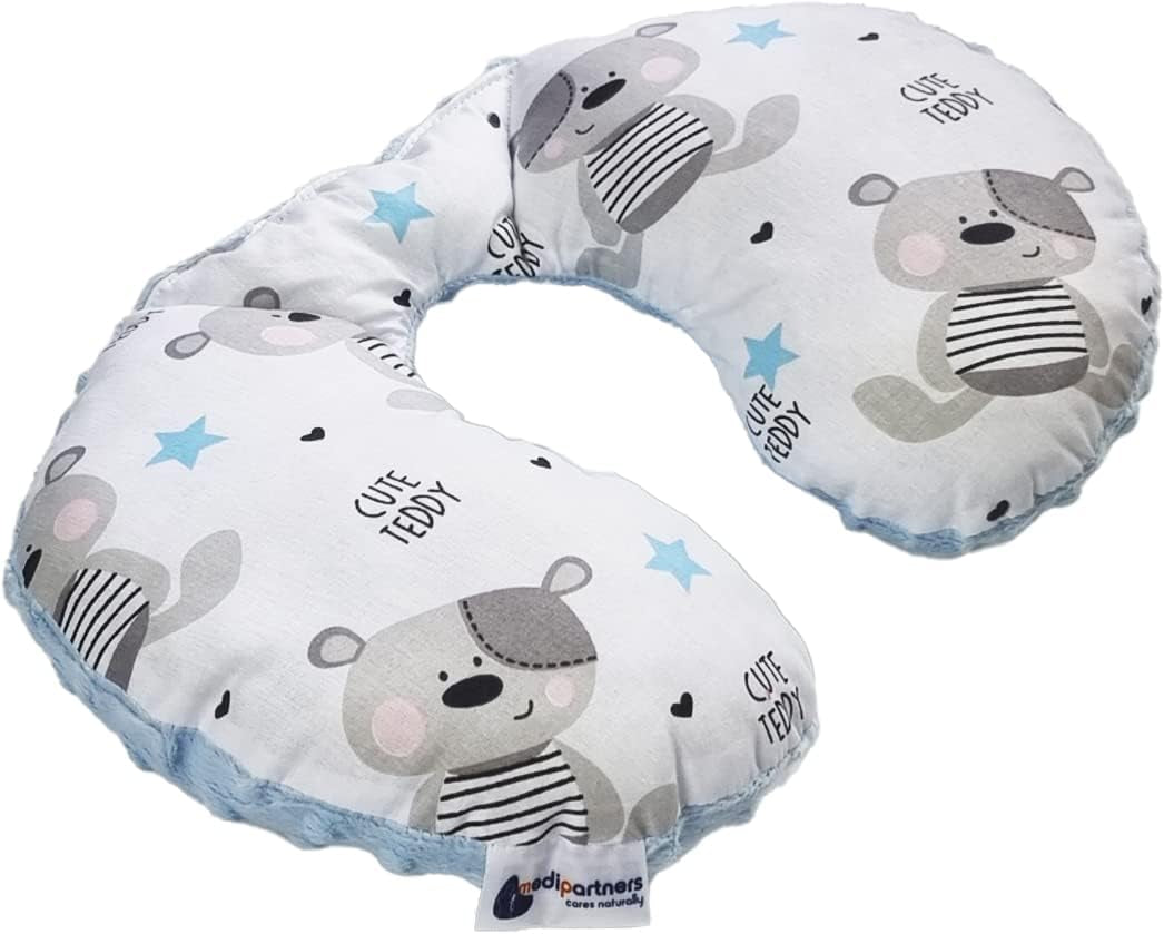 Medi Partners Baby-Nackenkissen, Nackenstütze, 100 % Baumwolle/Minky, Baby-Nackenkissen für Auto, Kinderwagen, Reisen, Reisen, Schlafen, Nackenkissen, Schlummerrolle (REH mit grauem Minky), orthopädische Zervikalkissen, Naty Shop, hellblauer Minky-Teddybär