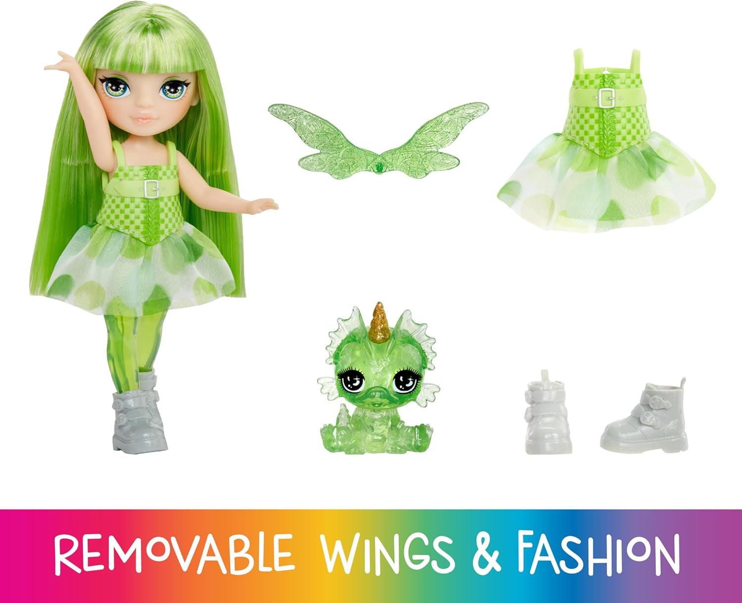 Rainbow High Littles Regenbogen-Fantasie-Fee und Haustier – Smaragd, Grün – 14 cm bewegliche kleine Fantasy-Drachenpuppe mit austauschbaren Feenflügeln, süßes Geschenk für Kinder ab 4 Jahren