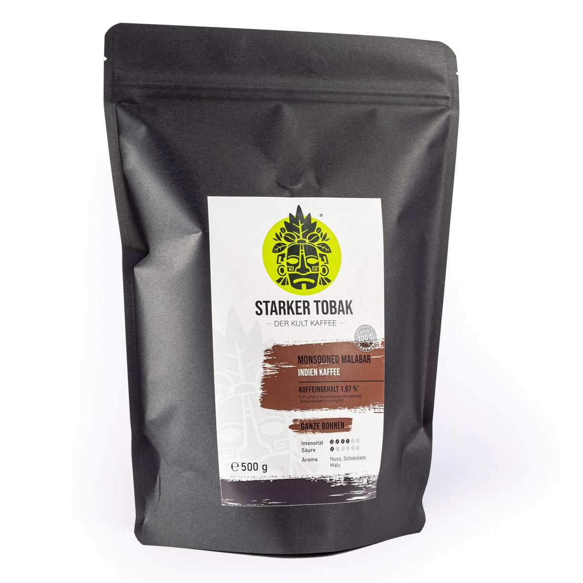 STARKER TOBAK Monsooned Malabar-Kaffee, ganze Bohne, handgeröstet – mittlere Röstung, Indien, 100 % Arabica, geeignet für Filterkaffee, French Press, Kaffeevollautomaten, schonend für den Magen – extra niedriger Säuregehalt