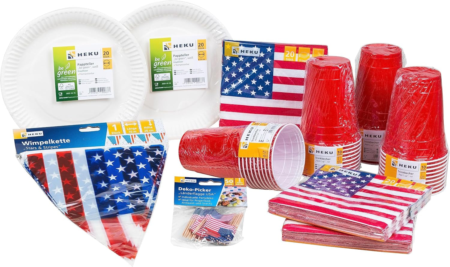 HEKU 191-tlg. USA-Party-Set I Pappteller Ø23 cm, rote Becher, 3-lagige Servietten 33 x 33 cm, Deko-Picker, Wimpelkette 10 m I perfekt für Mottopartys und Nationalfeiertage