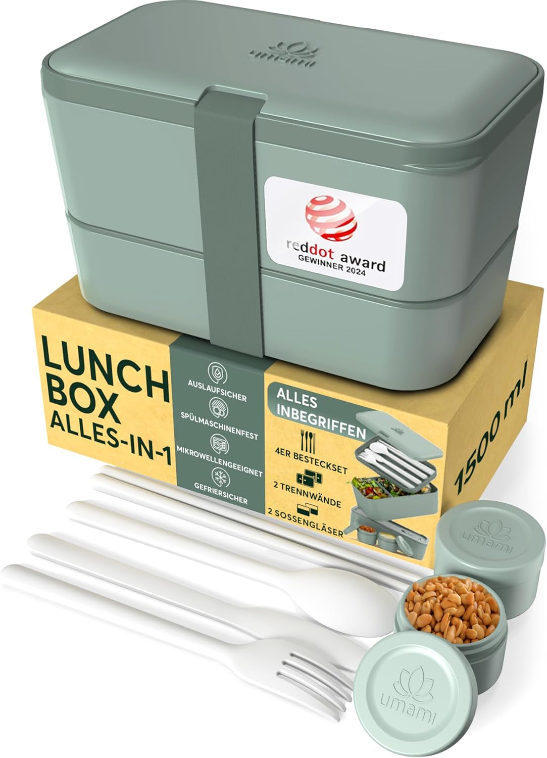 Umami Lunchbox für Erwachsene, stapelbare Bento-Box mit 4 Besteck und Fächern, Lunchbox für Erwachsene, To-go-Salatbehälter, Picknick-/Büro-Lunchbox, Anthrazitgrau, 1500 ml. Naty Shop Lebensmittelaufbewahrungsboxen Schiefergrün L – 1500 ml ineinander stapelbar
