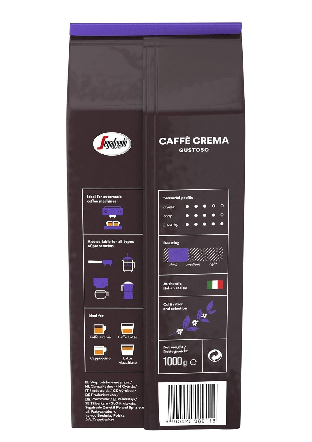 Segafredo Zanetti Caffè Crema Gustoso – ganze Bohne (Packung mit 1 kg) – geeignet für Caffè Crema – lange und dunkel geröstete Kaffeebohnen, voller und intensiver Geschmack (Packung mit 2 Stück)