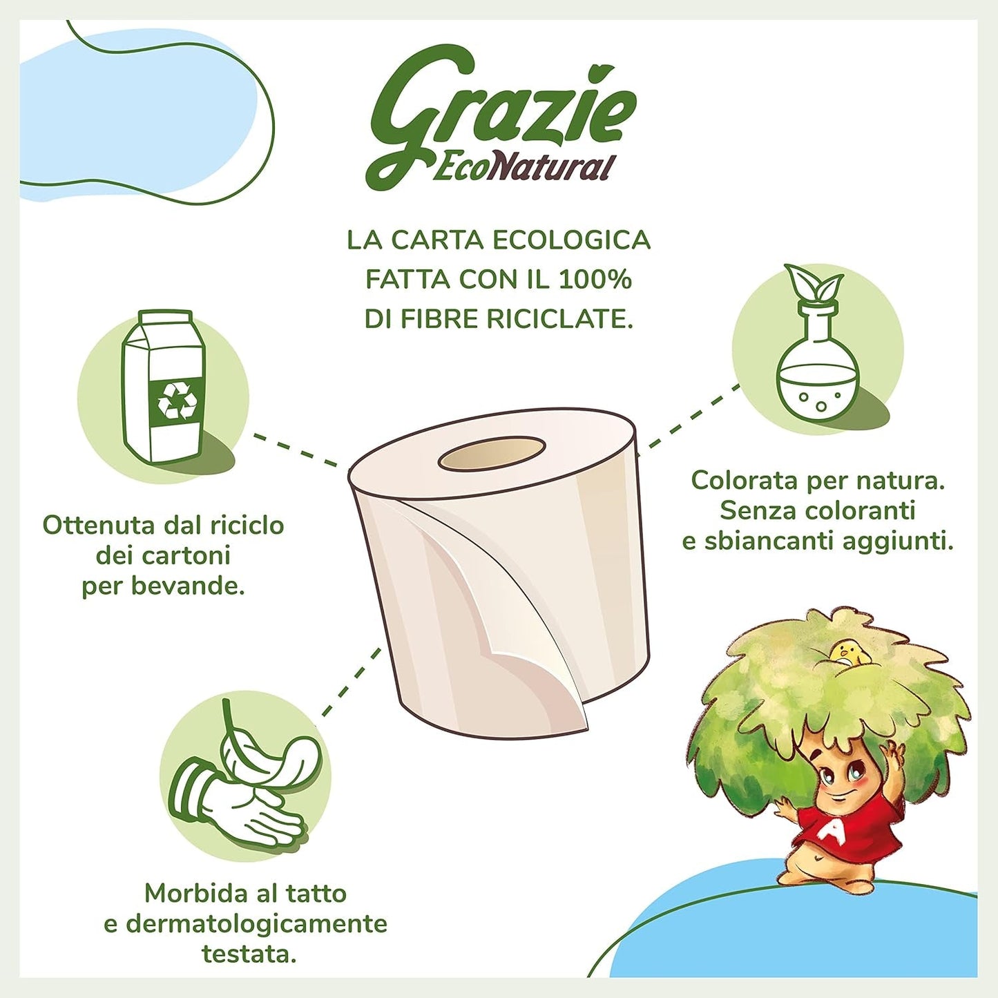Grazie Natural Toilettenpapier, Econatural, 56 Rollen, recyceltes Fibrepack-Toilettenpapier, 100 % ökologisch, umweltfreundlich, Ecolabel-zertifiziert und FSC-recycelt, hergestellt in Italien