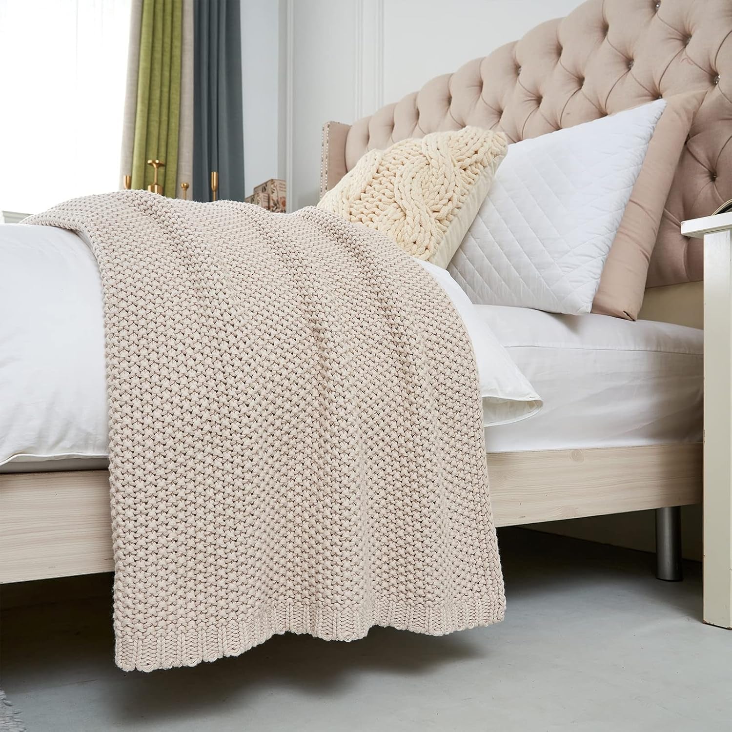 Grobstrick-Überwurfdecke, leicht, Beige, 100 % Bio-Baumwolle, Decke für Couch, Sofa, Bett, Kind, Kinderzimmer, rustikal, Shabby-Chic, modernes Bauernhaus, 152,4 x 203,2 cm, inklusive Wäschesack. Betten und Decken, Longhui-Bettwäsche