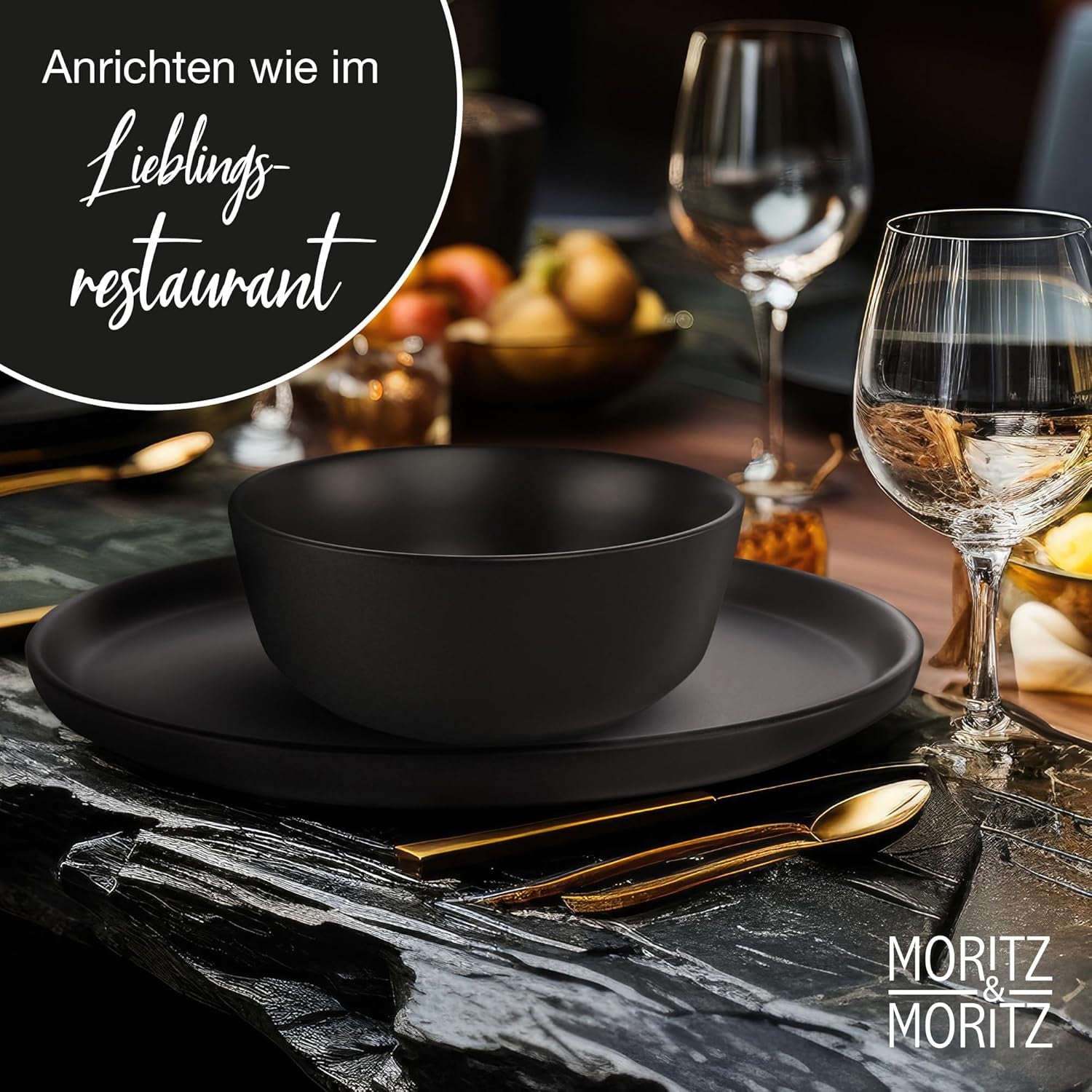Moritz & Moritz NORDIC 6-Personen-Geschirrset – 18-teiliges Geschirrset aus schwarzem Steinzeug – skandinavisches Design – Robustes 6-Personen-Geschirrset für den täglichen Gebrauch und Gäste – Kombi-Geschirrset