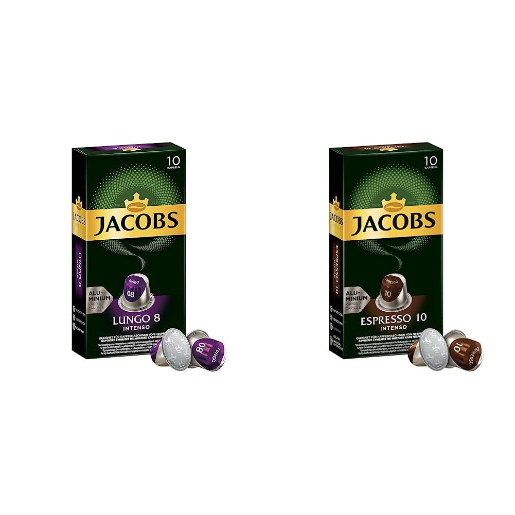Jacobs Kapseln Lungo Intenso, Intensität 8 & Kapseln Espresso Intenso, Intensität 10.100 Nespresso®* kompatible Kaffeekapseln, 10er Pack, 10 x 10 Getränke