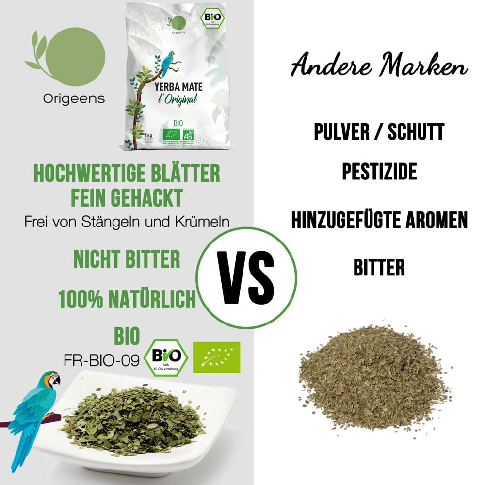 ORIGEENS BIO YERBA MATE TEE 1 KG – Das Original I Ungeröstet, Blätter, ohne Stiele, Staub und Krümel I Energetisierendes und entgiftendes Getränk