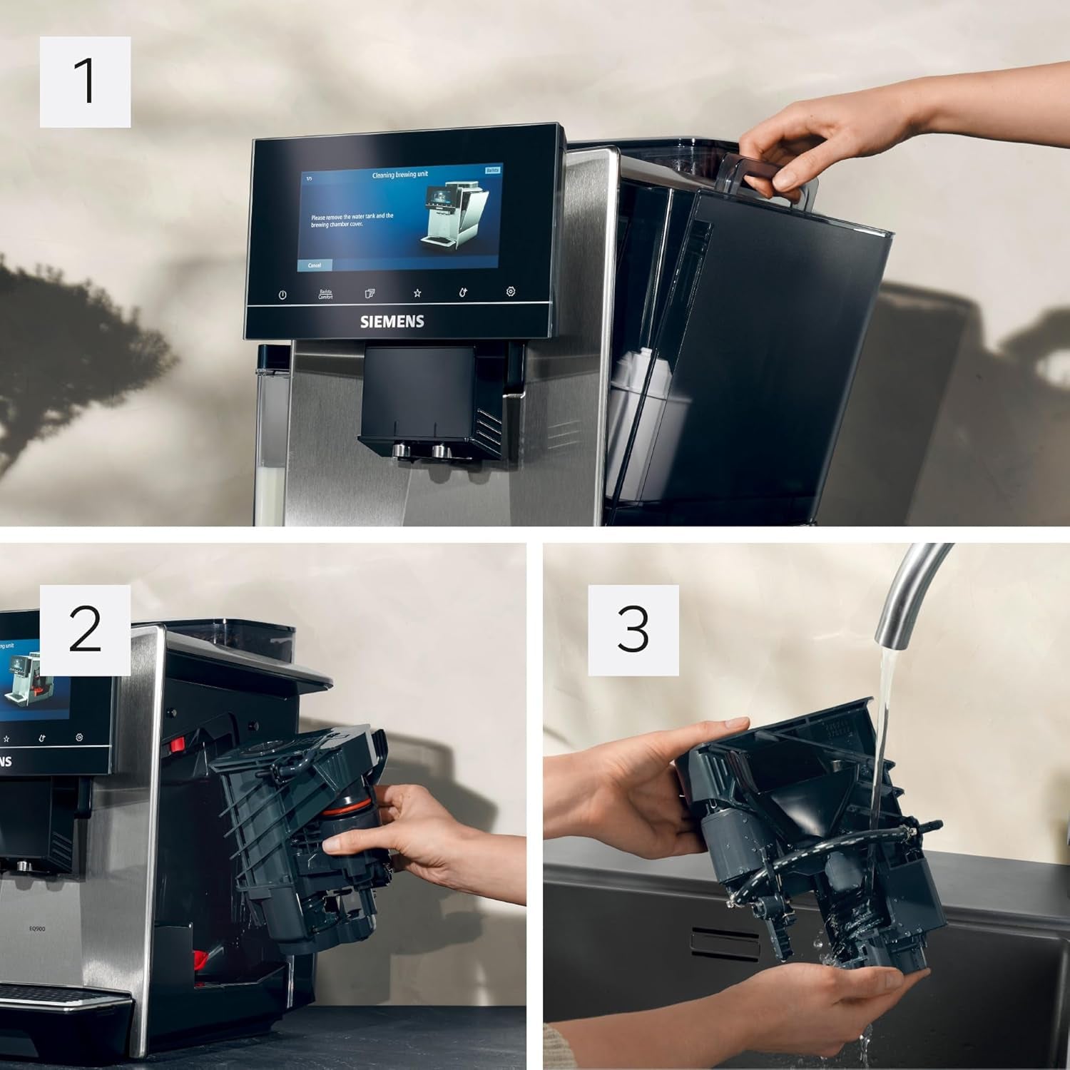 Automatische Espressomaschine Siemens EQ900, großer TFT-Farbbildschirm, 2 Bohnenbehälter, 36 Heiß- und Kaltgetränke, kalter Kaffee, superleise, Zwei-Tassen-Funktion, App-Steuerung, Edelstahl, TQ907D03