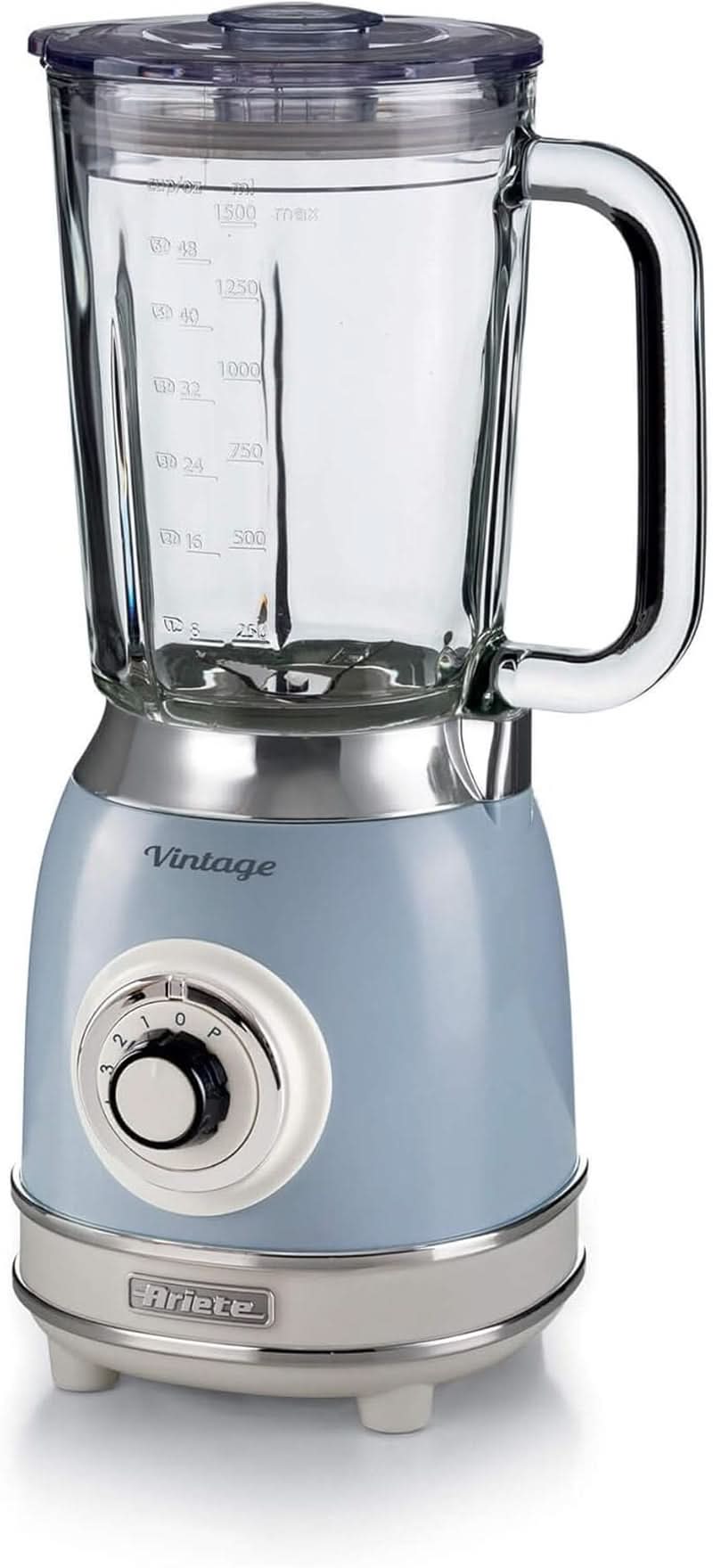 Ariete Vintage 583 Mixer Aus Glas, Retro Multifunktionsmixer Mit 4 Klingen, 4 Geschwindigkeiten + Pulse-Funktion, Ice-Crusher Funktion, 1,5 Liter Fassungsvermögen, 1000W, Green Kitchen Naty Shop Hellblau Single