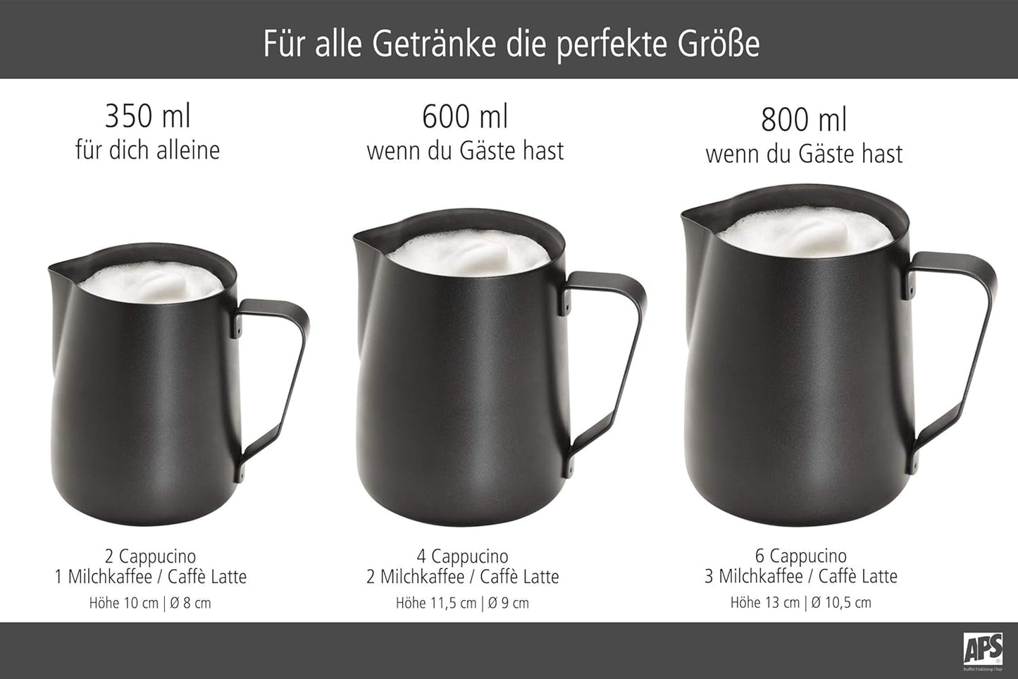 APS Milchkännchen – Hochwertiges Milchkännchen mit Antihaftbeschichtung aus Edelstahl – Perfekt zum Aufschäumen von Milch – Universalkaraffe, schwarz, 600 ml
