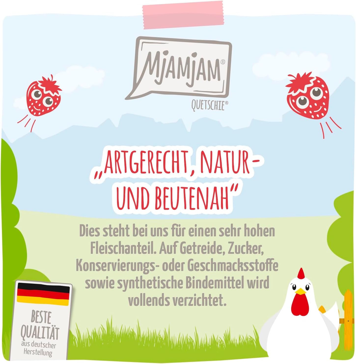 MjAMjAM – Premium-Nassfutter für Katzen – zartes Huhn mit fruchtigen Erdbeeren 400 g, 6er-Pack (6 x 400 g), natürlich mit extra Fleisch