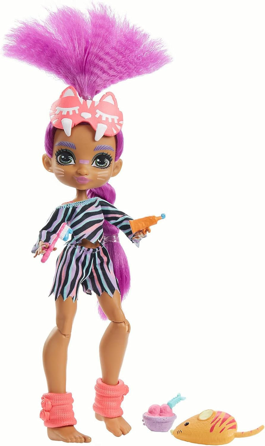 Cave Club GTH02 – Roaralai Pyjama-Partyspaß-Puppe, bewegliche Puppe mit lila Haaren und Accessoires, Geschenk für Kinder ab 4 Jahren, mehrfarbig