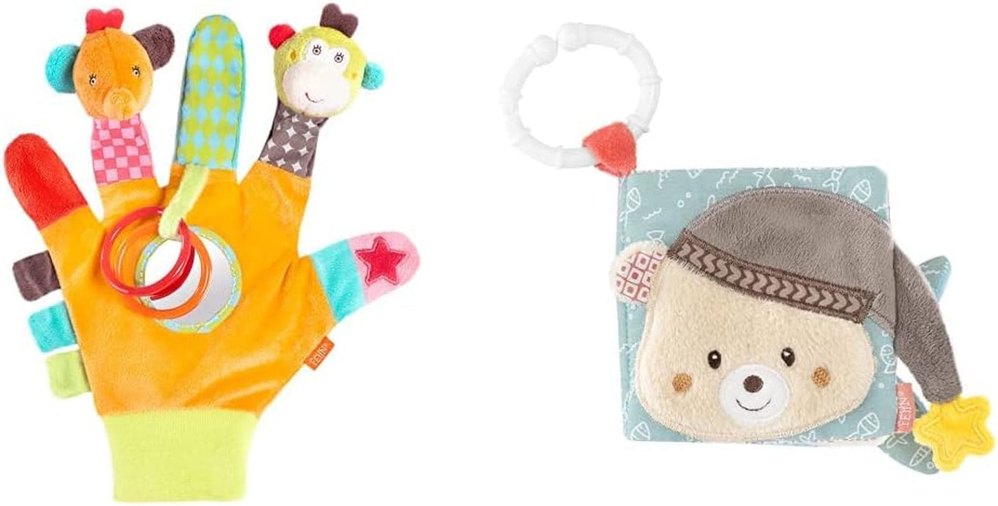 Fehn Spielhandschuh Safari – Fingerpuppen Babyspielzeug Affe und Elefant zum Greifen und Geräuschemachen & Kuschelbilderbuch Bruno – Tastbuch für Kinder mit Tiermotiven Bebe Toys Naty Shop Safari