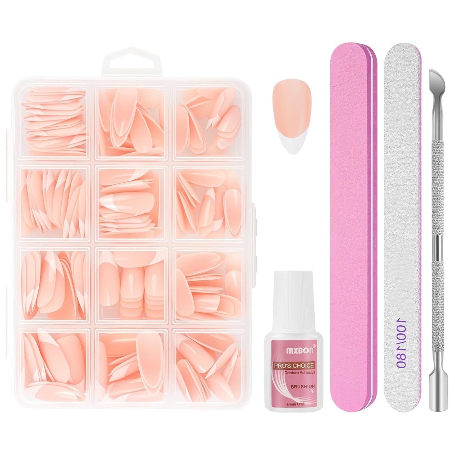 240-teiliges Set mit künstlichen Nagelspitzen, French Press On False Nails, Press On French Nails, 12 Größen, Fake Nails mit Kleber für Damen und Herren (Nude White Medium Almond)