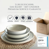 48-teiliges Keramik-Steinzeug-Geschirrset für 12 Personen, Ibiza-Design, TESTSIEGER. Ein wunderschönes mediterranes Geschirrset aus Keramiksteinzeug mit Schüsseln und Tellern. Pure Living Geschirrset, beige.