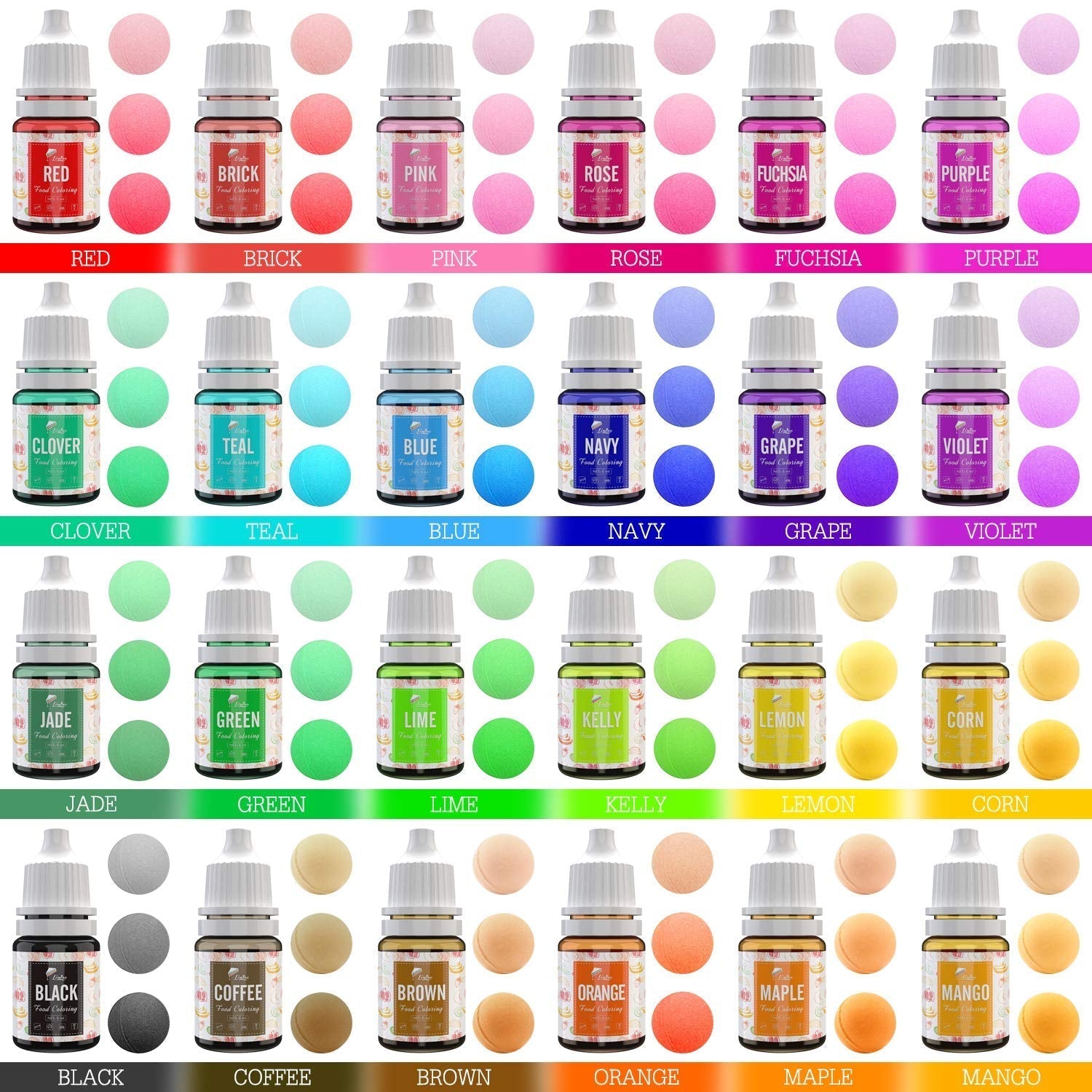 Lebensmittelfarbe in 24 Farben – flüssige Lebensmittelfarbe zum Backen von Kuchen, Keksen, Macarons, Dekorieren und Kochen – lebendige Lebensmittelfarbe für Airbrush, Fondant – je 6 ml
