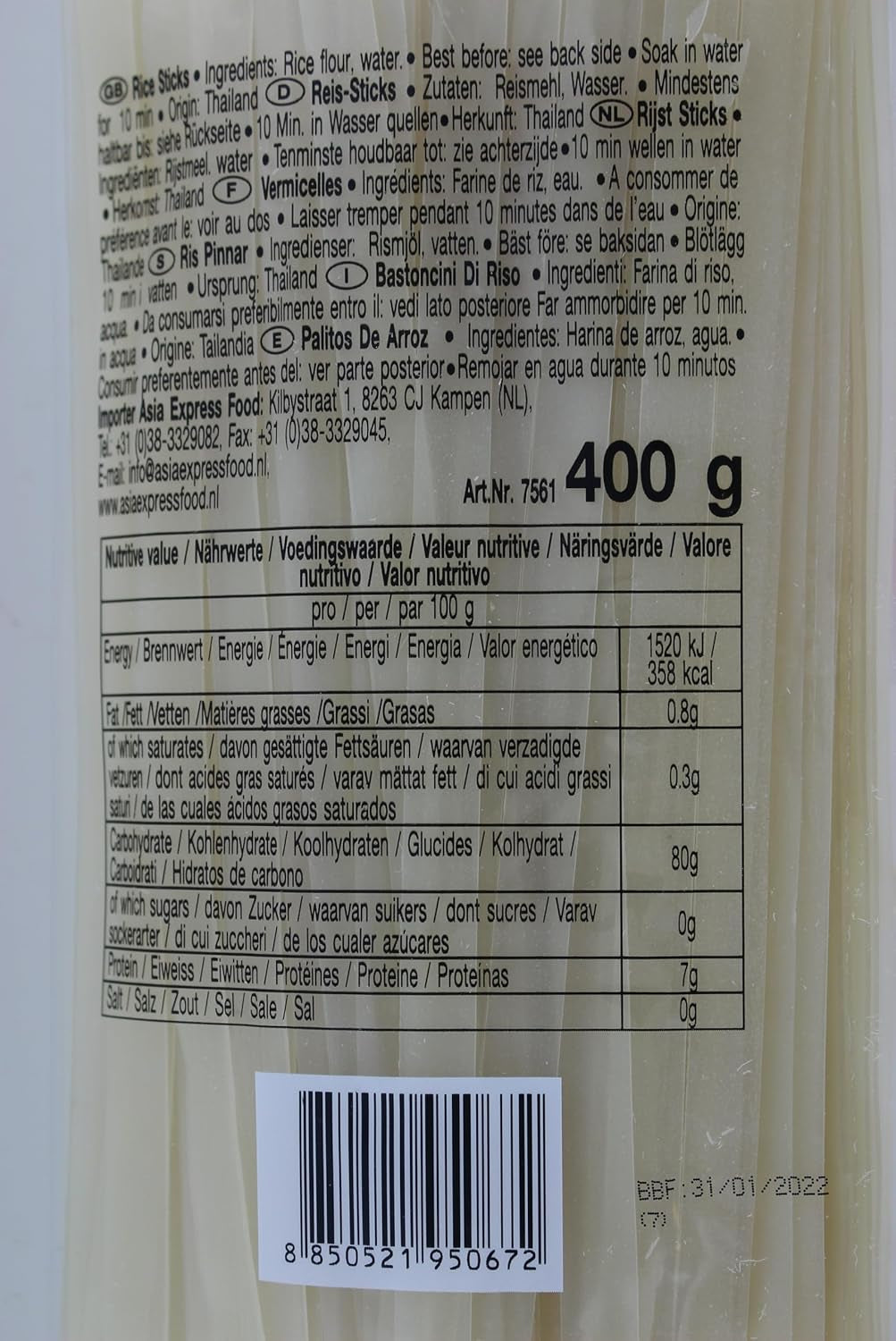 Reisnudeln – Thailändische, 10 mm breite Reisnudeln, aus Reismehl, gerade – 1 x 400 g (3er-Pack)