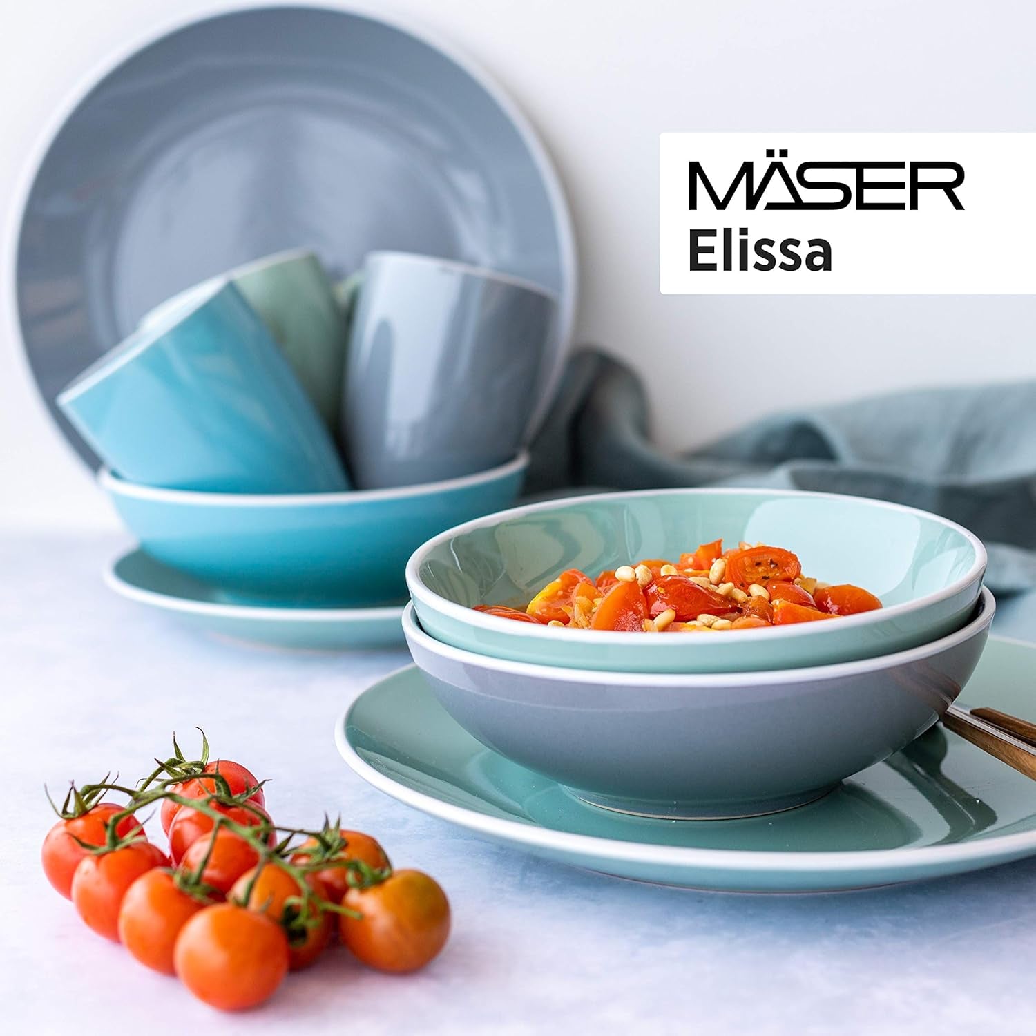 MÄSER 931844 Serie Elissa, modernes Geschirrset für 6 Personen, blau mit weißem Rand, 24-teiliges Kombi-Set, Keramik