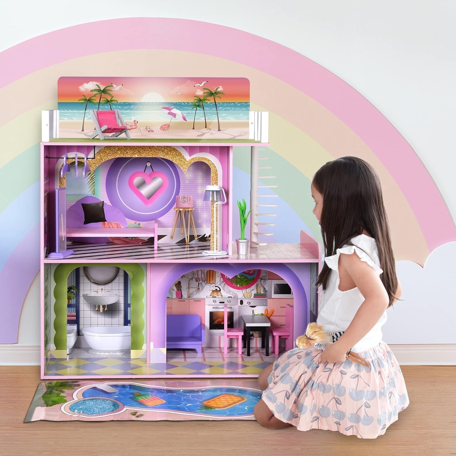 Olivia's Little World Big Dreamland Sunset Zeitgenössisches interaktives Holzpuppenhaus für Kinder, 3 Etagen mit 16 Puppenmöbelzubehör, Multi TD-13616A Puppenhäuser Naty Shop