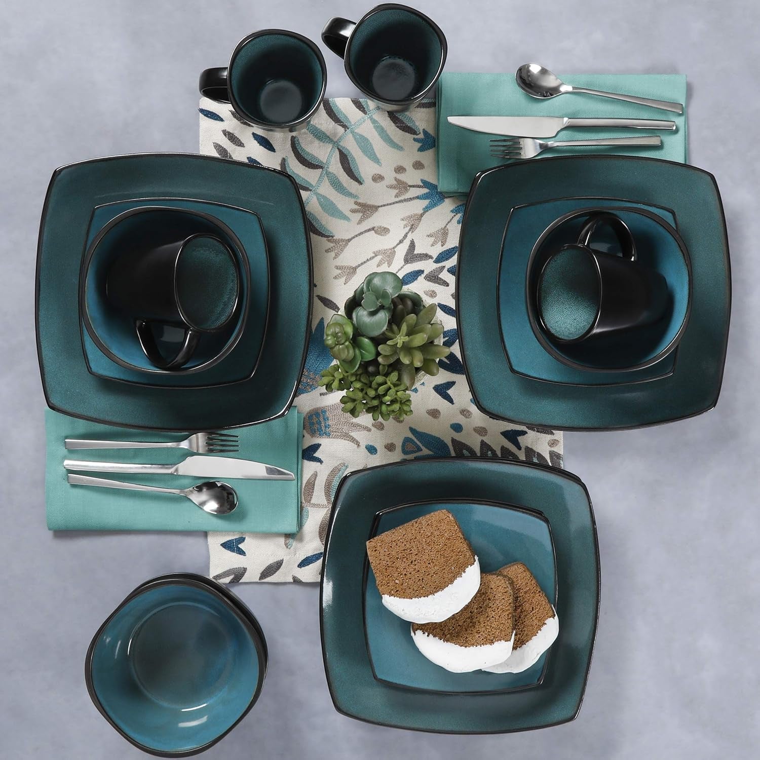 Gibson 99813.16R Elite Soho Lounge Reactive Glaze 4-Personen-Geschirrset, 16-teilig, Blau-Grün/Schwarz-Zweitoneffekt