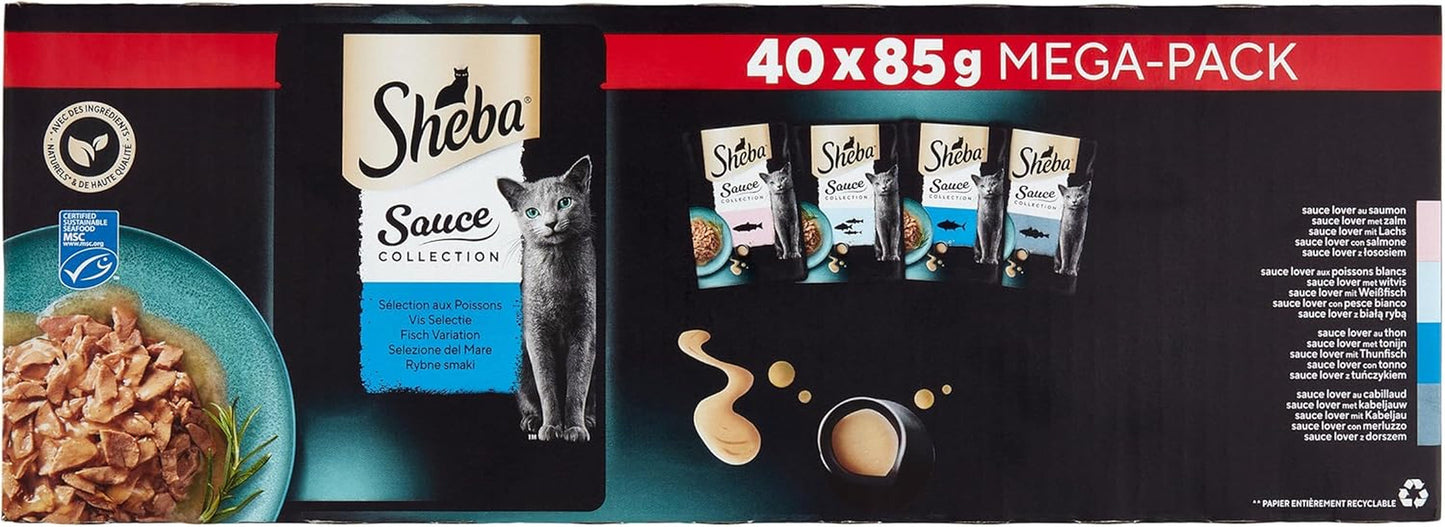 Sheba Sauce Collection Frischebeutel, Nassfutter, Fischauswahl für erwachsene Katzen, 4 Sorten, 40 x 85 g