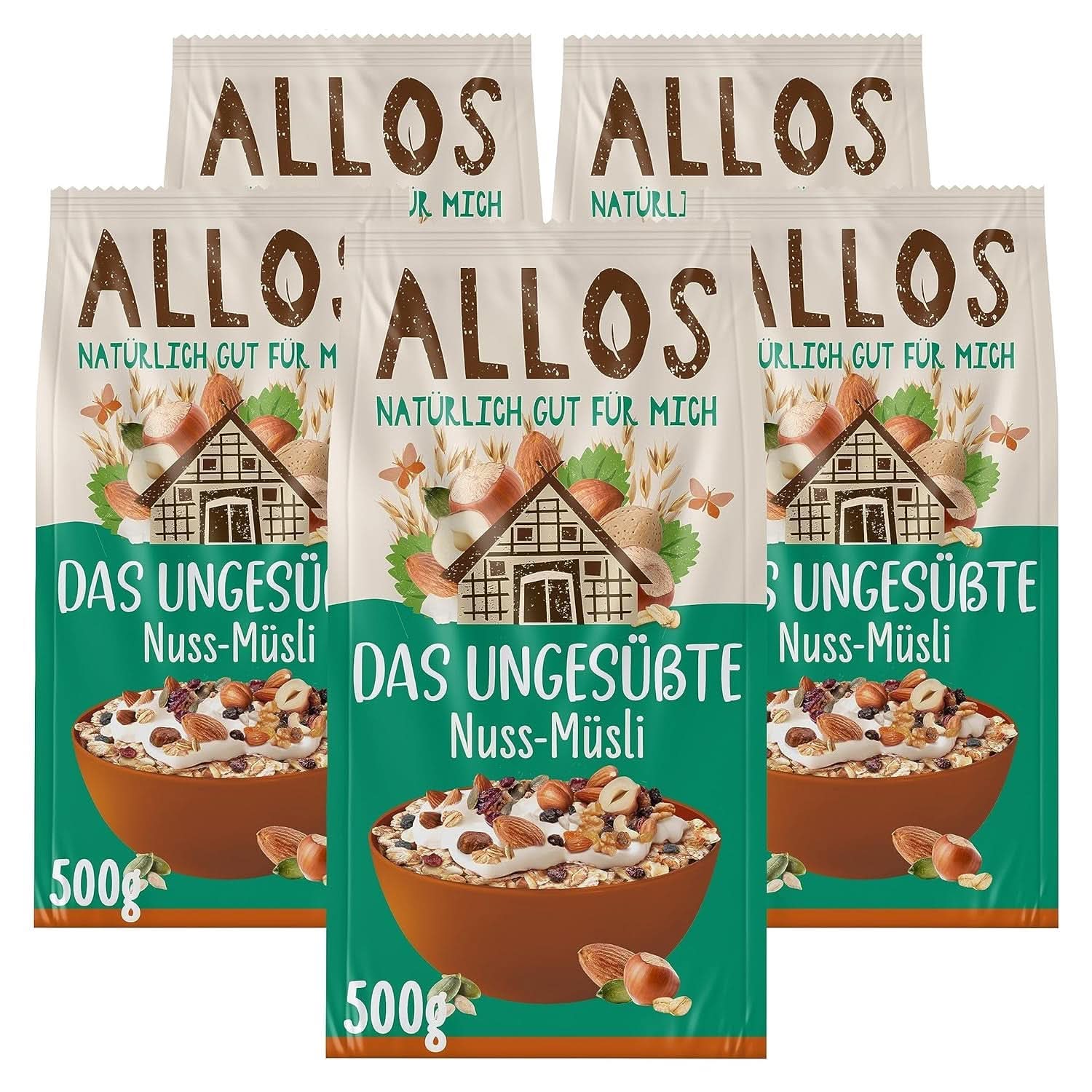 Allos, ungesüßtes Beerenmüsli, Packung 5 x 500 Gramm Cereals Naty Shop Haselnüsse