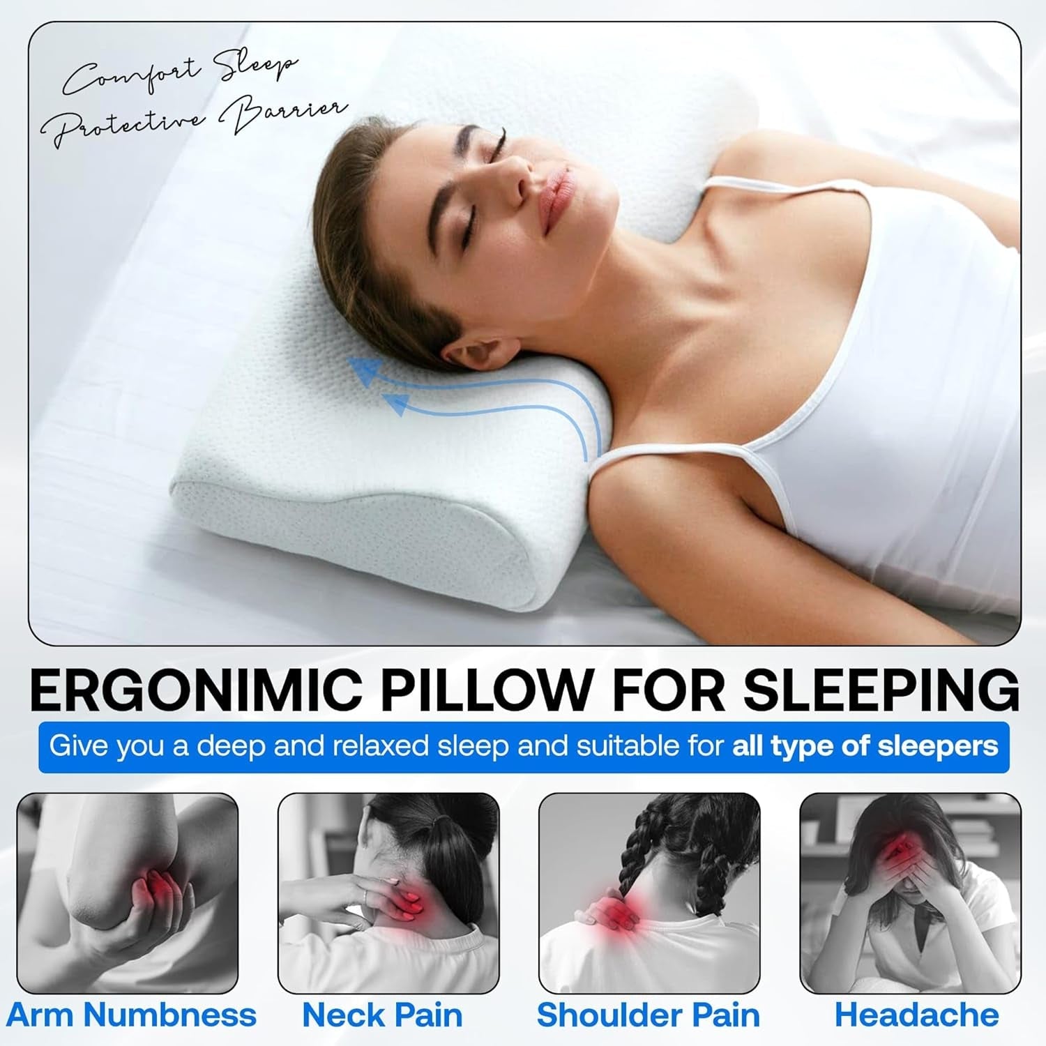 Orthopädisches Memory-Schaum-Nackenstützkissen – ergonomisches Kissen, Anti-Schnarch-Kissen für Seiten-, Bauch- und Rückenschläfer, Pilow, 60 cm x 40 cm x 12 cm. Orthopädische Nackenkissen Naty Shop