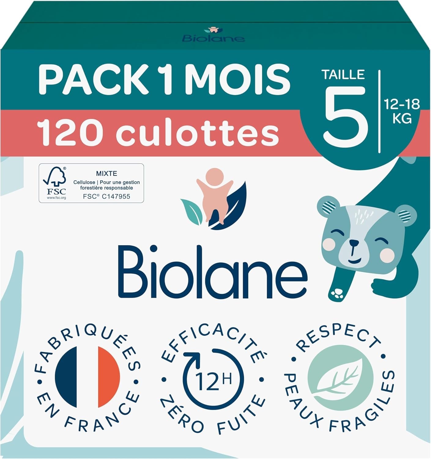 BIOLANE – Kurze Windeln – Größe 5 (12–18 kg) – 12 Stunden Dichtigkeit – 1 Monatspackung – 120 Windeln – ökologisch