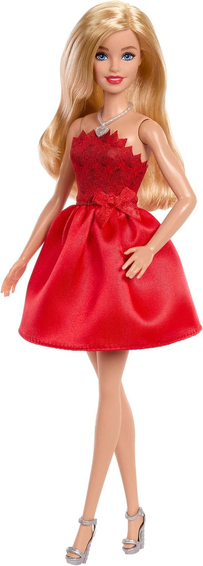 Mattel Rubinrote Blonde Barbie-Party-Modepuppe zum 80. Jubiläum rotes Kleid mit silbernen Schuhen und Halskette, Sammelspielzeug, JGD25