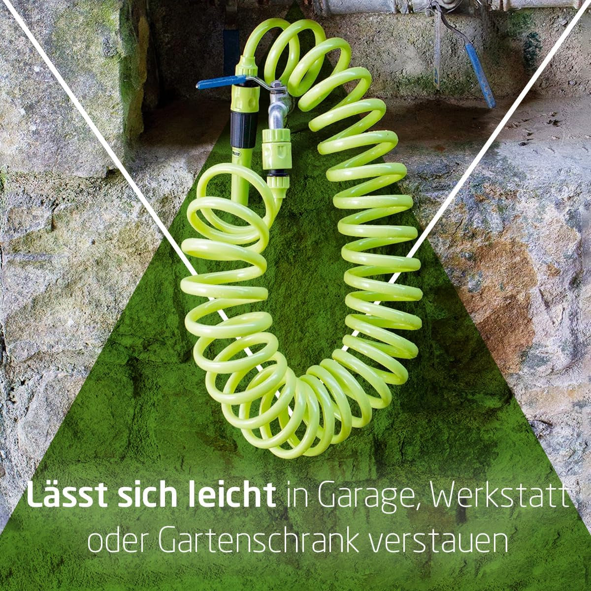 Amig - Spiralschlauch | Aus Polypropylen | Ausziehbar bis 7,5 m | Inklusive Bewässerungslanze, Adapter und 2 Gelenken | Pistaziengrün