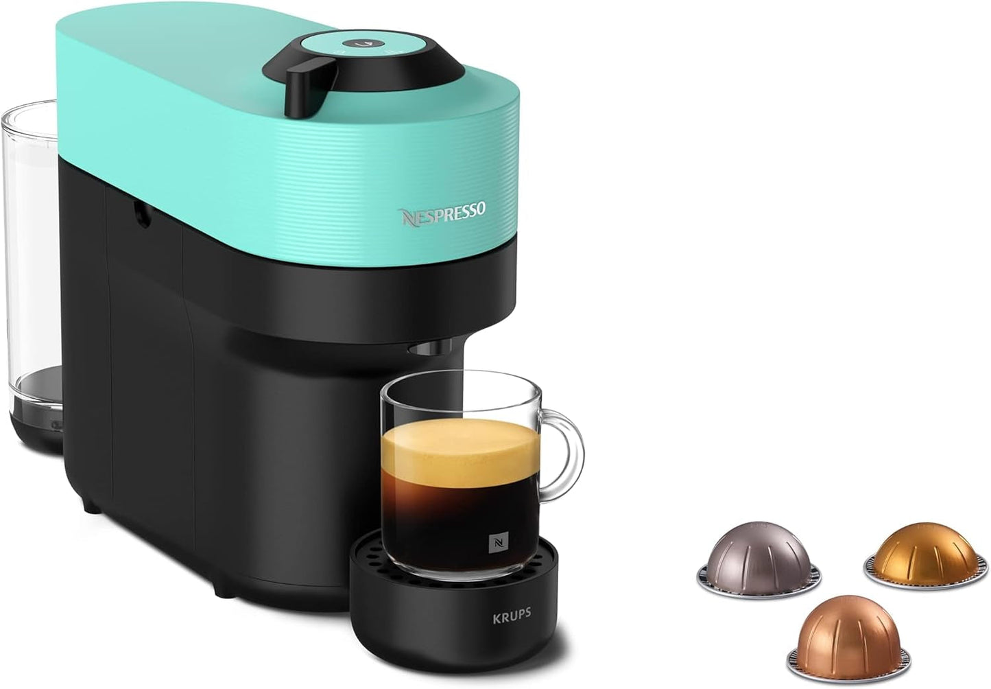 Espressomaschine mit Nespresso Krups Vertuo Pop Kapseln, Fassungsvermögen: 560 ml, automatische Kapselerkennung, One-Touch-System, 4 Tassengrößen, verkürzte Aufheizzeit, nachhaltig, Aqua Mint, XN9204