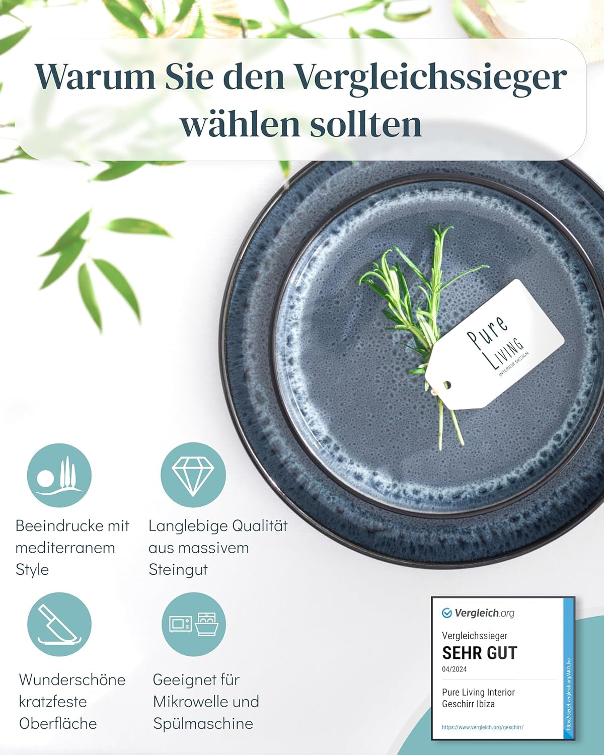 18-teiliges Keramik-Steinzeug-Geschirrset für 6 Personen, Ibiza-Design, TESTSIEGER. Ein wunderschönes mediterranes Geschirrset aus Keramiksteinzeug mit Schüsseln und Tellern. Pure Living Geschirrset in Rauchblau.