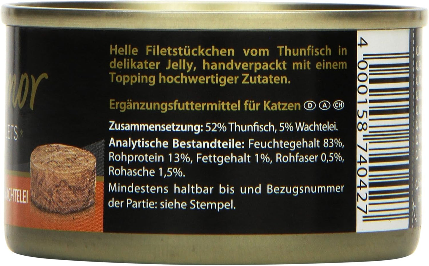 - Feine Filets in Gelee | Nassfutter für ausgewachsene Katzen mit Filetstücken in Gelee. Fettarme Ergänzungsnahrung in Dosen ohne Zusatzstoffe | 24 x 100 g Thunfisch- und Wachteleier