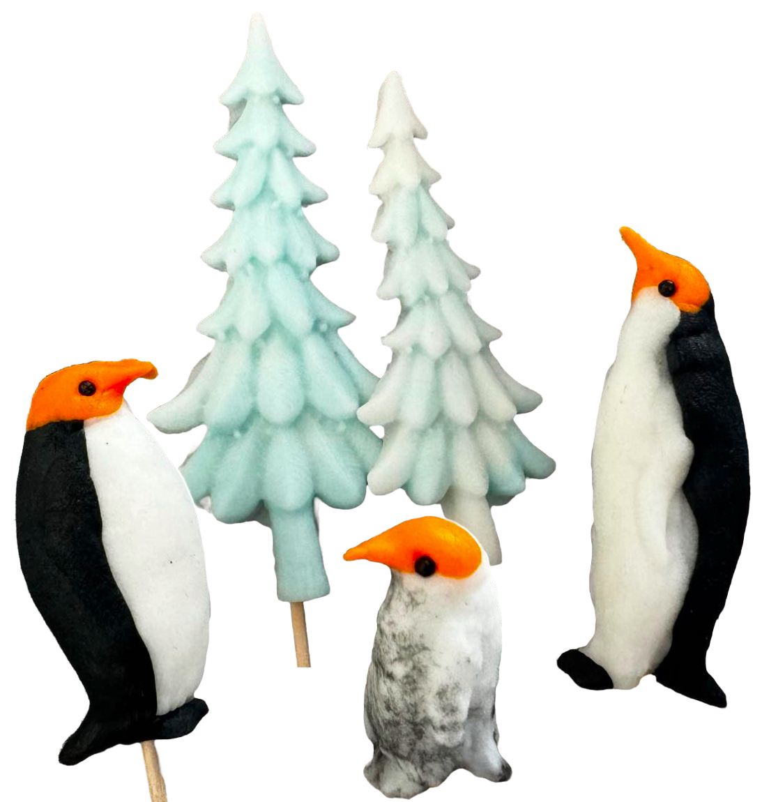 Set mit 5 essbaren Dekorationen aus Zuckerpaste, Weihnachten, Pinguine und Weihnachtsbäume. Dekorationen aus Zuckerpaste, Naty Shop