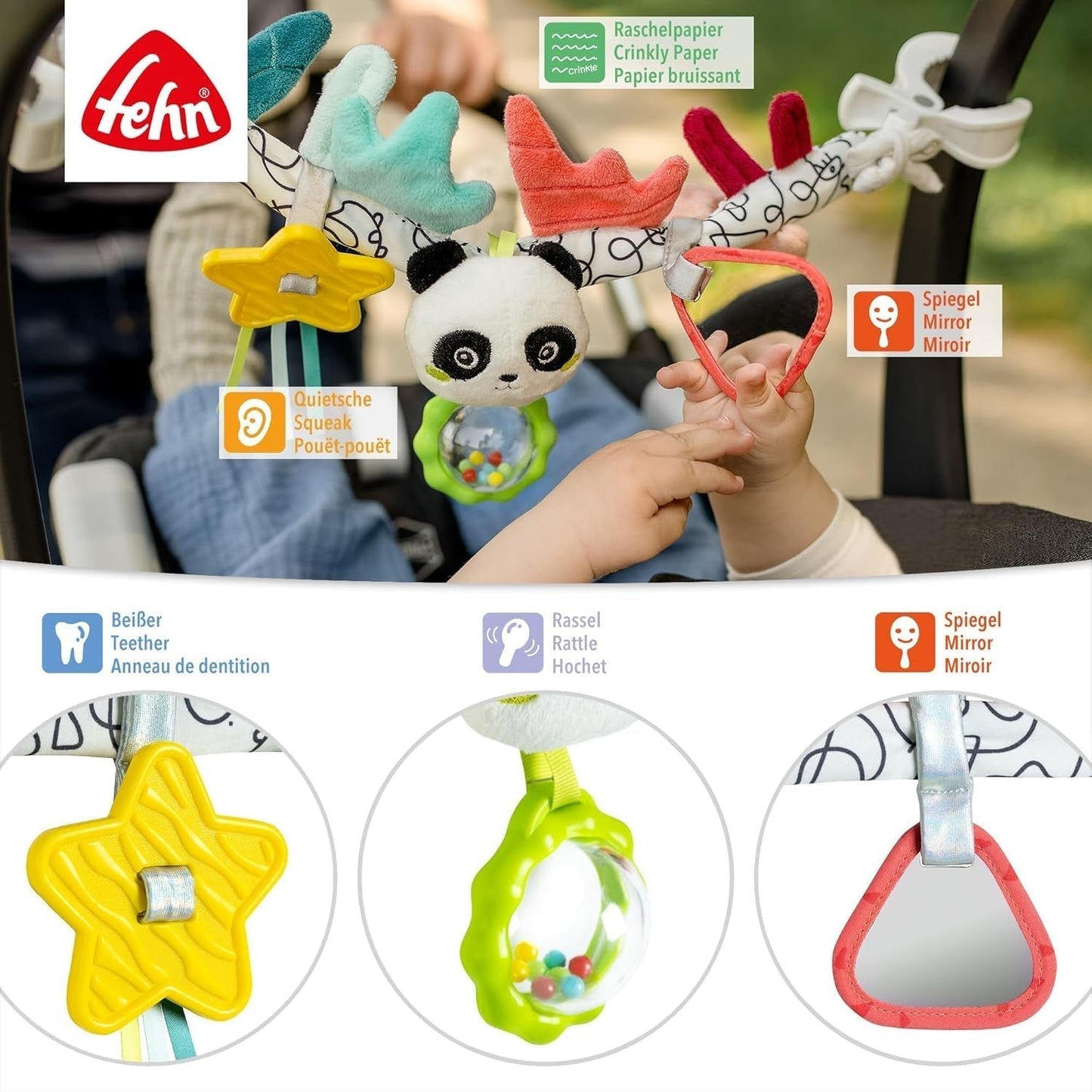 Fehn Baby-Mobile-Kette Panda Baby Mobile – Baby-Mobile-Kette mit süßen Figuren – flexibel hängendes Babyspielzeug – Kinderwagenspielzeug für Babys und Kleinkinder ab 0+ Monaten Babyspielzeug Naty Shop