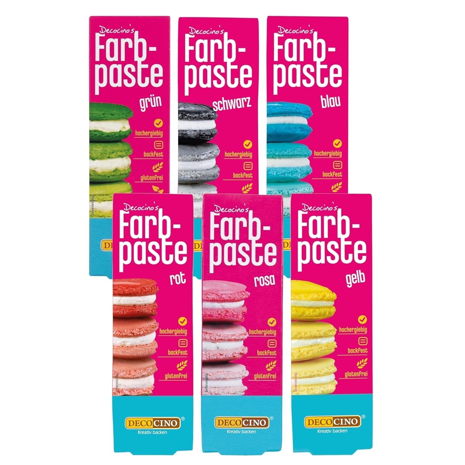 6er Set Decocino Farbpasten – 6 x 20 g – Lebensmittelfarbe in Rot, Rosa, Grün, Gelb, Blau und Schwarz, ideal zum Einfärben von Kuchen, Fondant und Cremes – Azofrei und glutenfrei